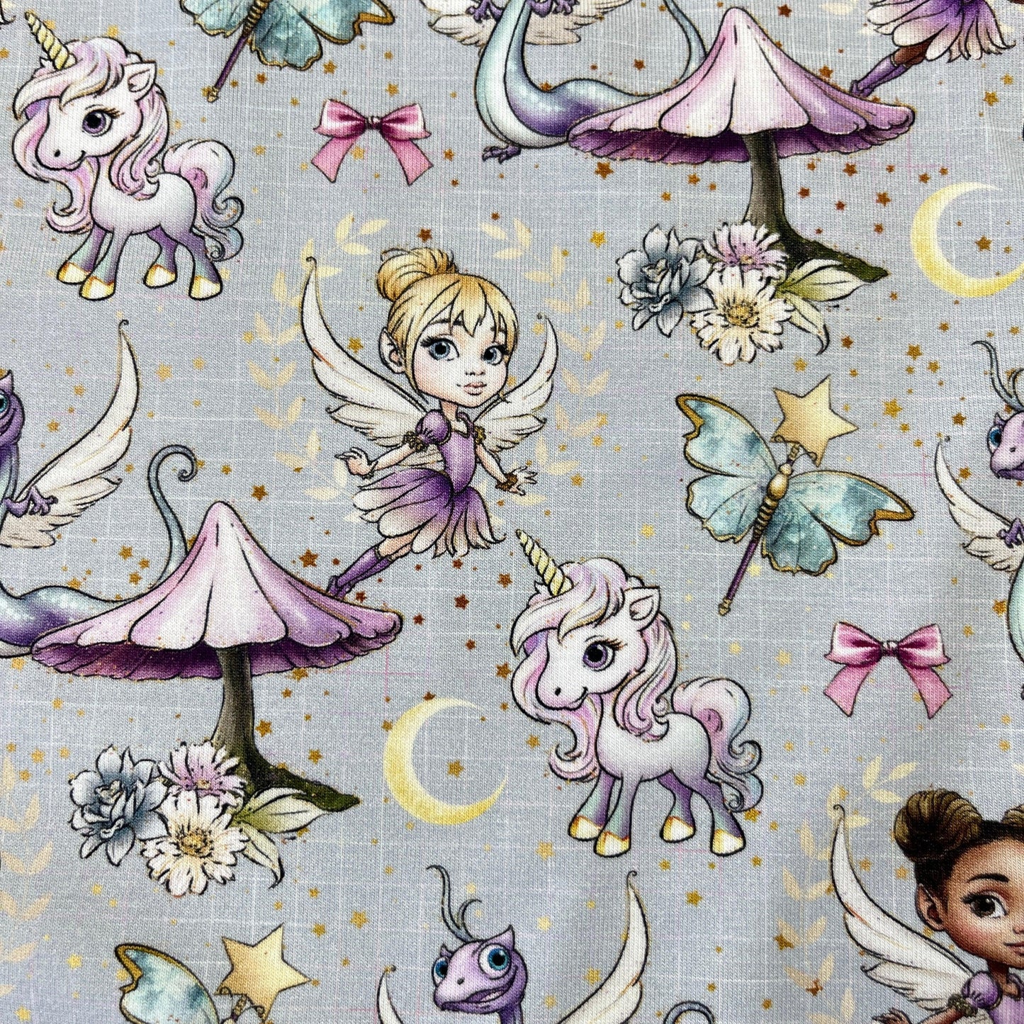 Fairies and Friends on Gray Bamboo/Spandex Jersey Fabric - Nature's Fabrics