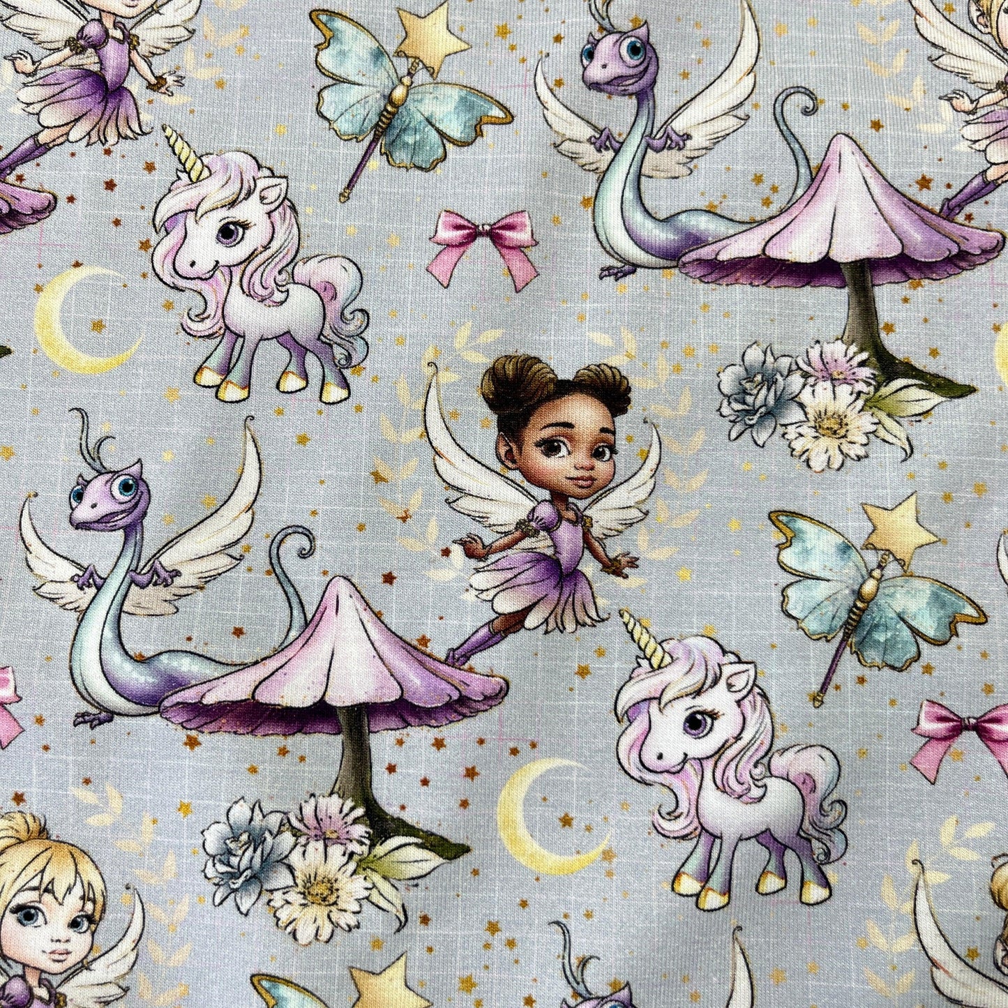 Fairies and Friends on Gray Bamboo/Spandex Jersey Fabric - Nature's Fabrics