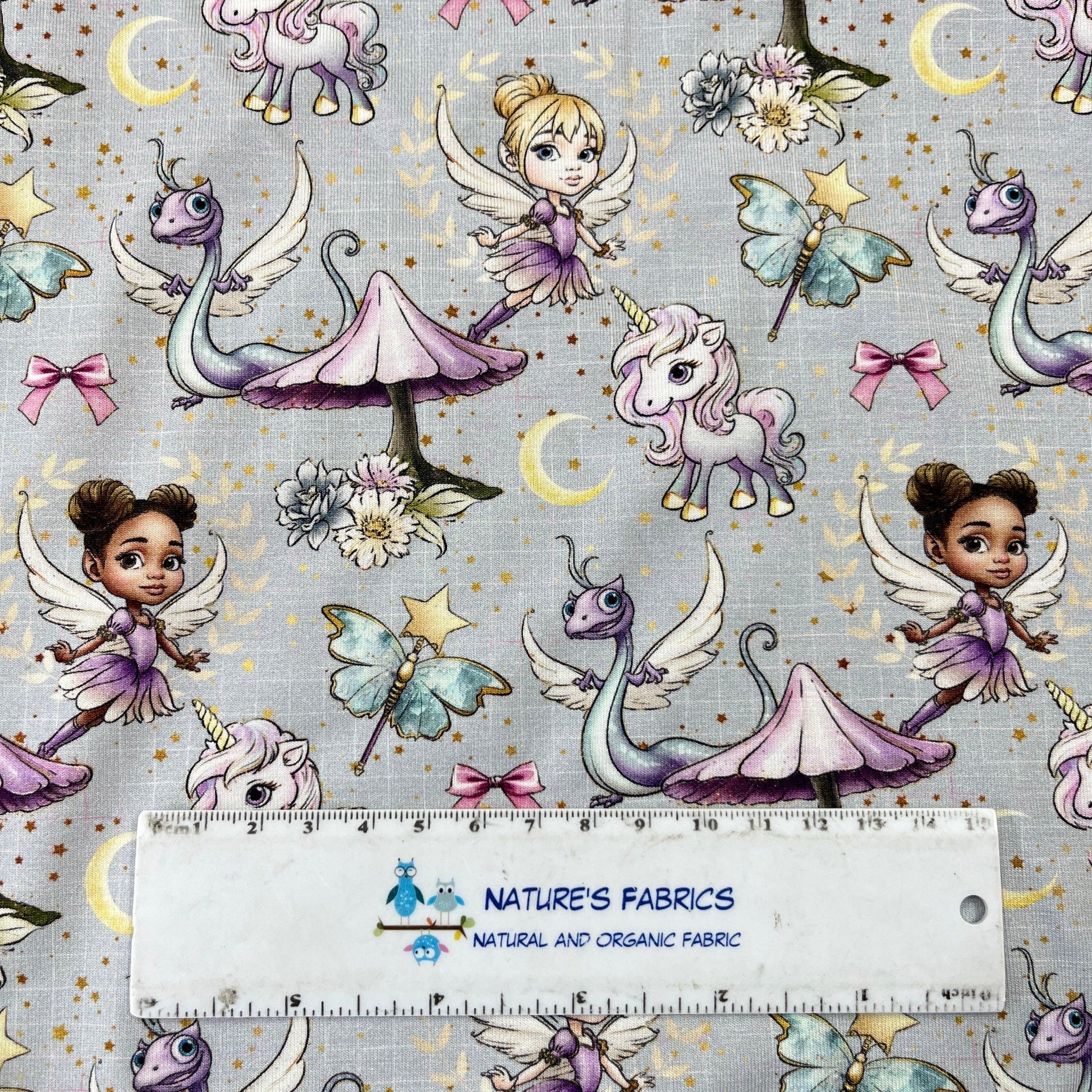 Fairies and Friends on Gray Bamboo/Spandex Jersey Fabric - Nature's Fabrics