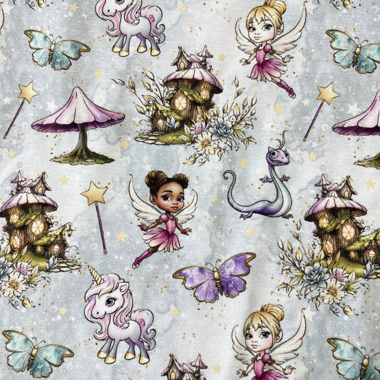Fairies and Friends on Mist Bamboo/Spandex Jersey Fabric - Nature's Fabrics