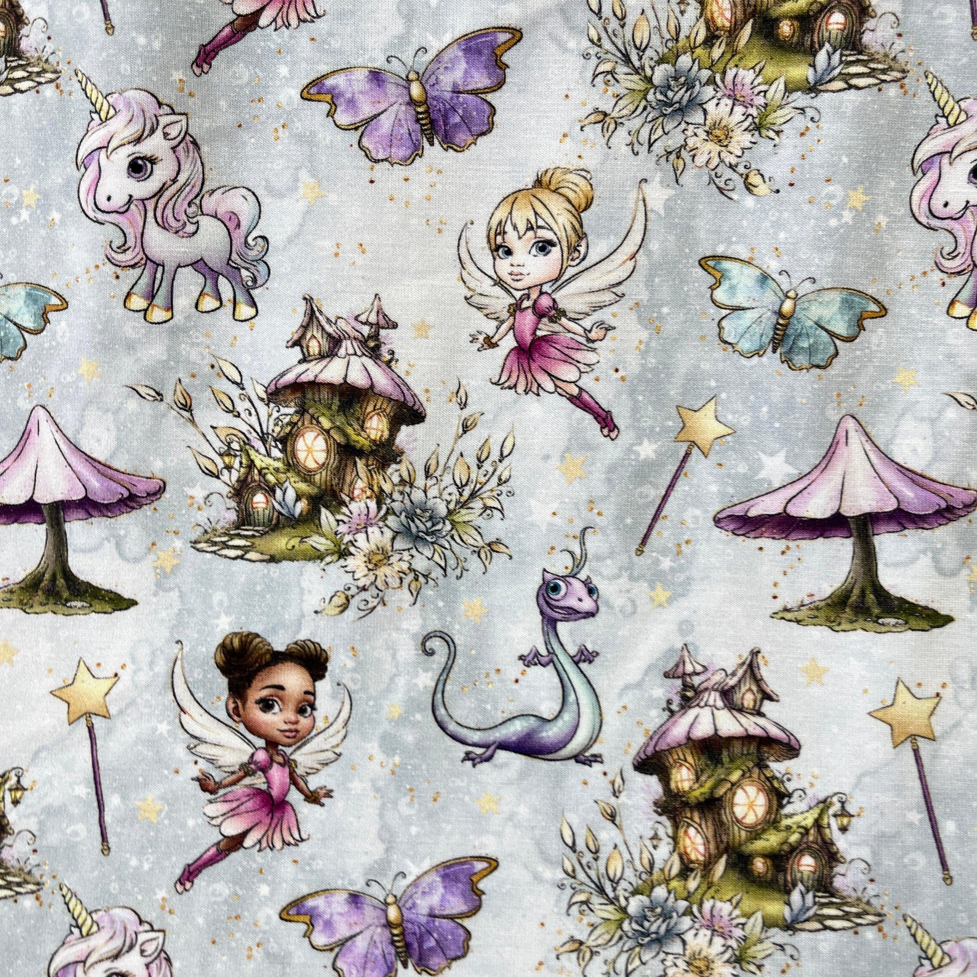 Fairies and Friends on Mist Bamboo/Spandex Jersey Fabric - Nature's Fabrics