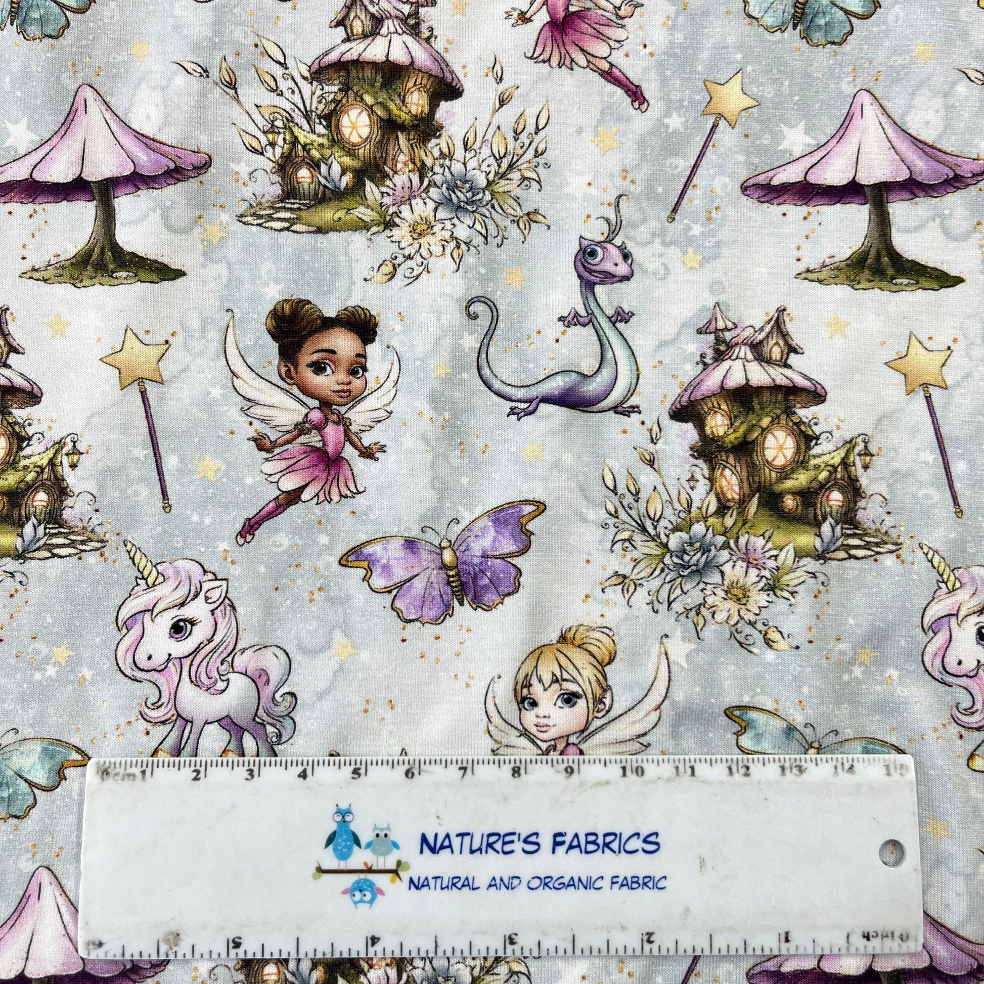 Fairies and Friends on Mist Bamboo/Spandex Jersey Fabric - Nature's Fabrics
