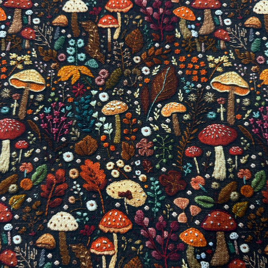 Fall Mushrooms on Bamboo/Spandex Jersey Fabric - Nature's Fabrics