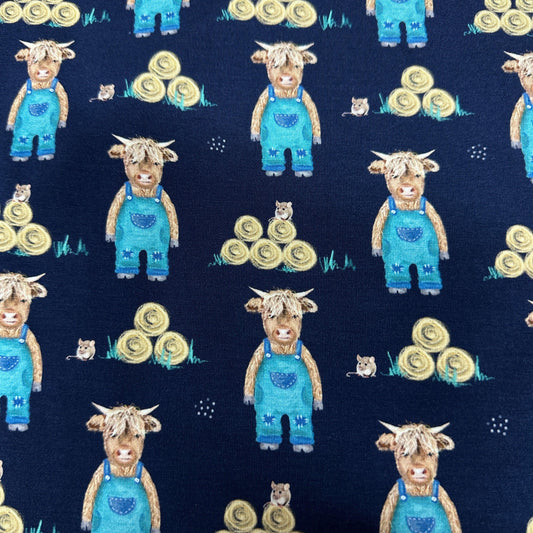 Farmer Highland Cow on Bamboo/Spandex Jersey Fabric - Nature's Fabrics