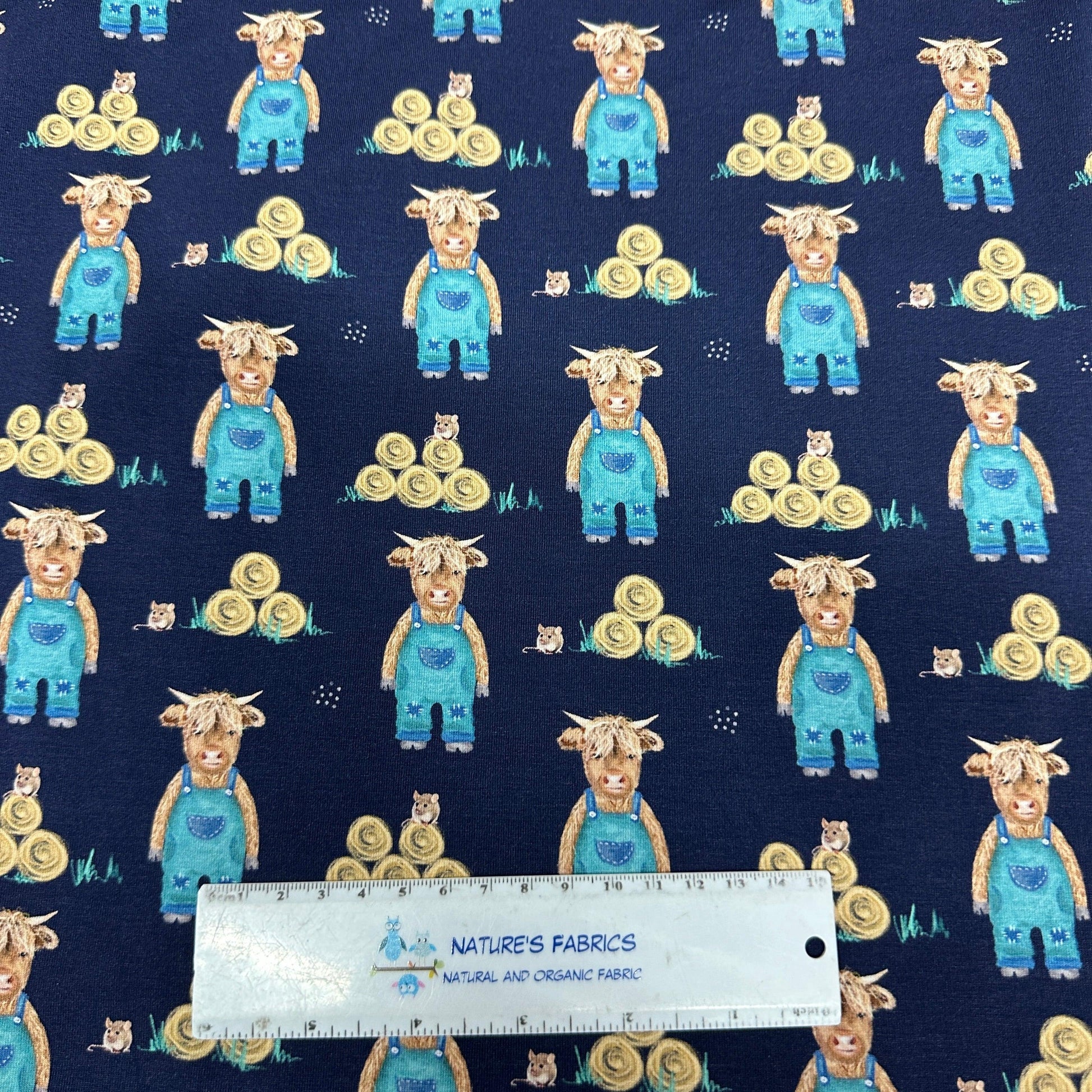 Farmer Highland Cow on Bamboo/Spandex Jersey Fabric - Nature's Fabrics