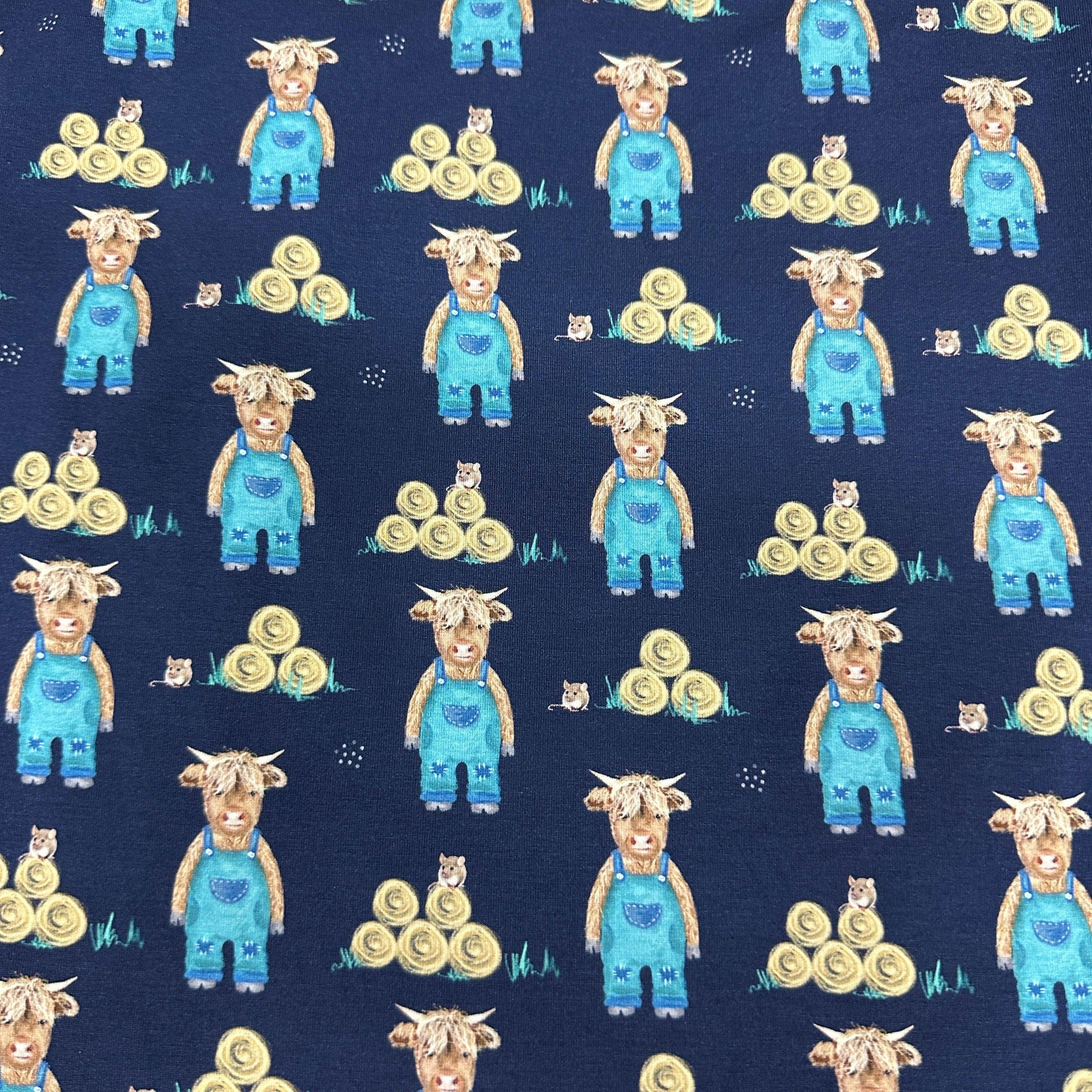 Farmer Highland Cow on Bamboo/Spandex Jersey Fabric - Nature's Fabrics