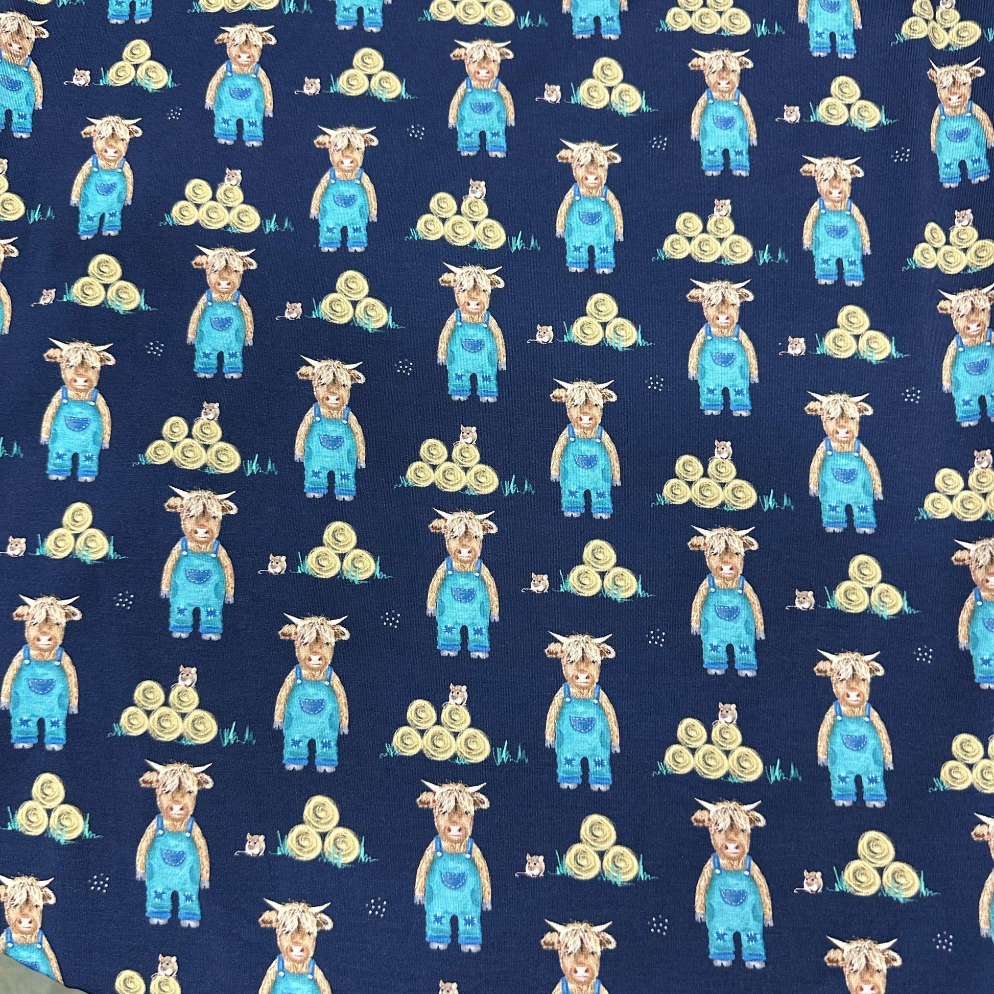 Farmer Highland Cow on Bamboo/Spandex Jersey Fabric - Nature's Fabrics