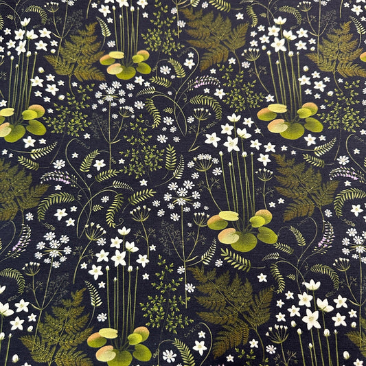 Ferns on Black Bamboo Stretch French Terry Fabric - Nature's Fabrics