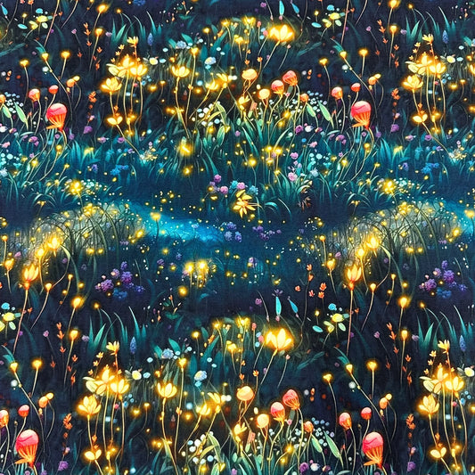 Nature's Fabrics whimsical glowing floral meadow print with golden lights and deep blue tones.
