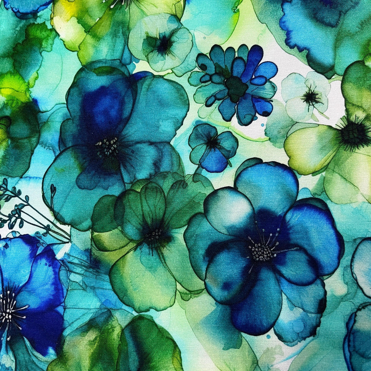 Floral Blue and Green Alcohol Ink on Bamboo/Spandex Jersey Fabric - Nature's Fabrics