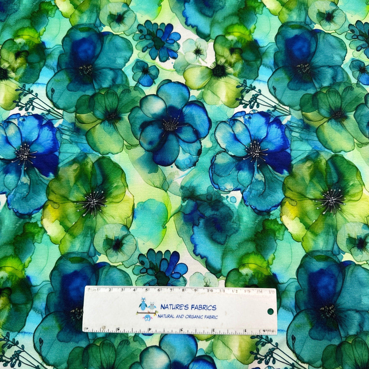 Floral Blue and Green Alcohol Ink on Bamboo/Spandex Jersey Fabric - Nature's Fabrics