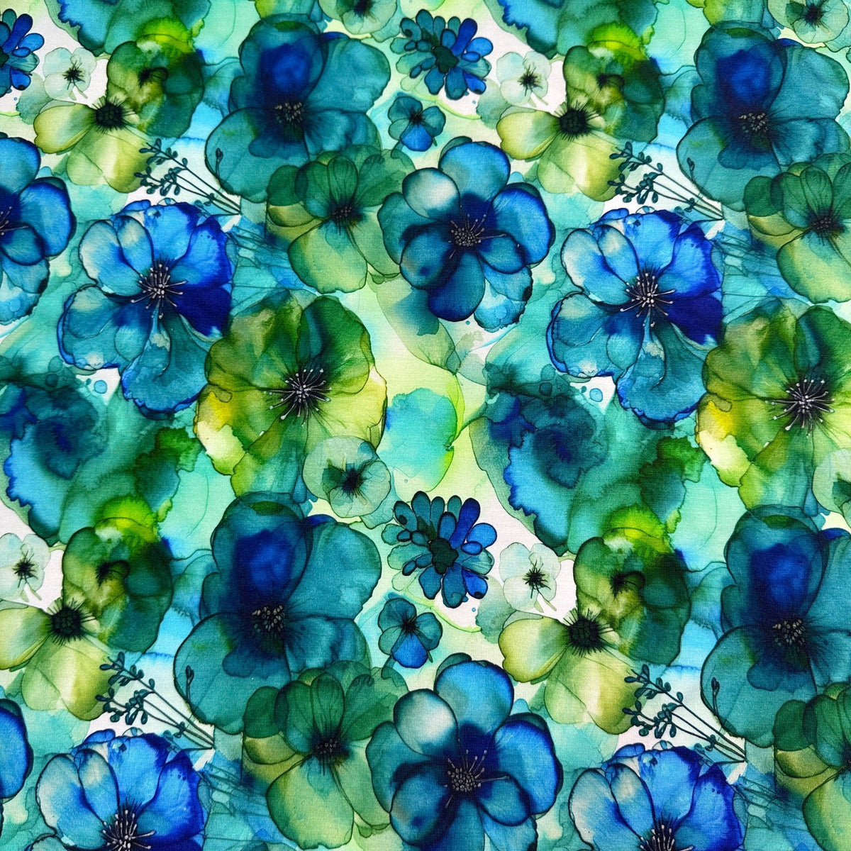 Floral Blue and Green Alcohol Ink on Bamboo/Spandex Jersey Fabric - Nature's Fabrics