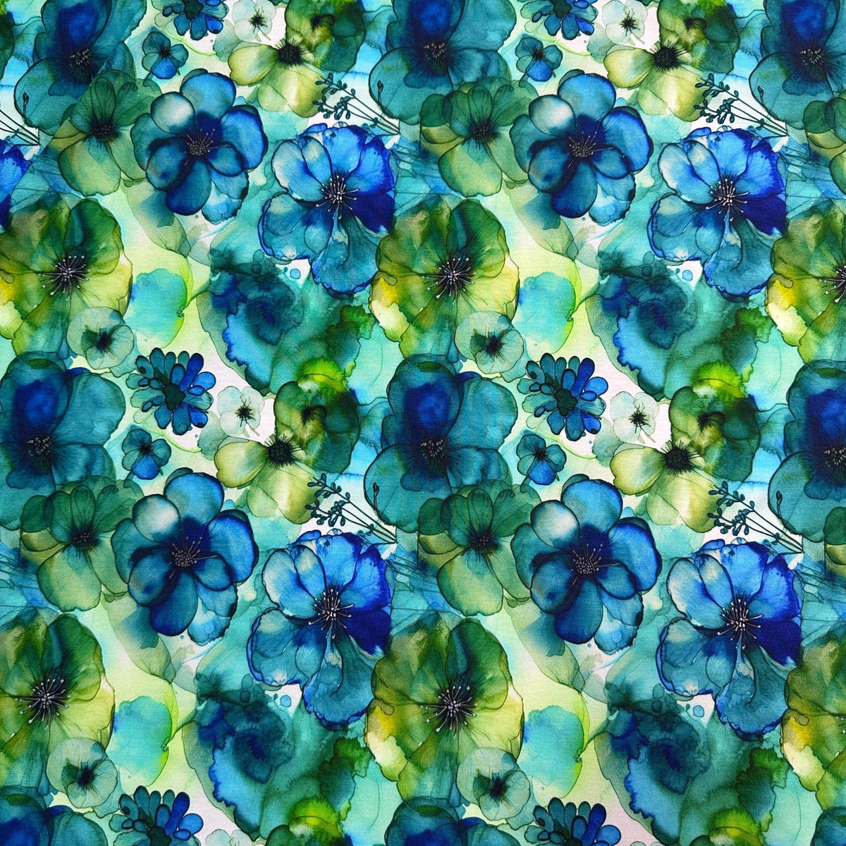 Floral Blue and Green Alcohol Ink on Bamboo/Spandex Jersey Fabric - Nature's Fabrics