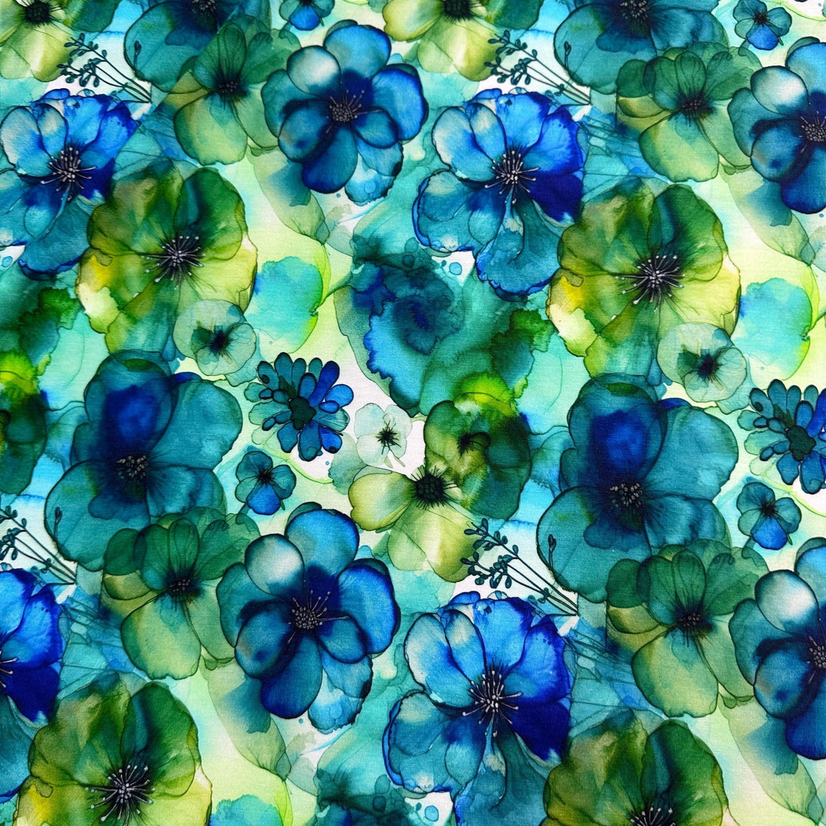 Floral Blue and Green Alcohol Ink on Bamboo/Spandex Jersey Fabric - Nature's Fabrics