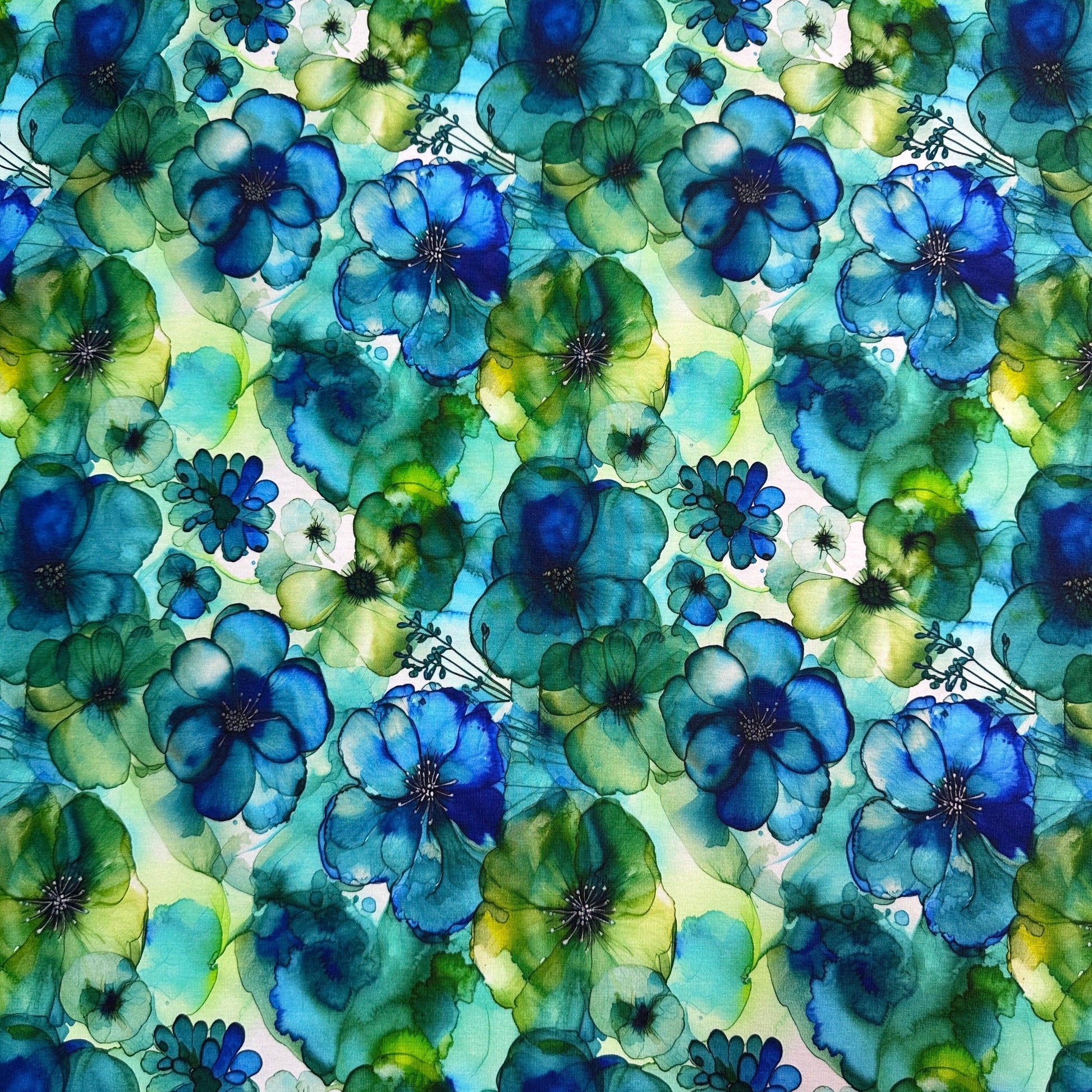 Floral Blue and Green Alcohol Ink on Organic Cotton/Spandex Jersey Fabric - Nature's Fabrics
