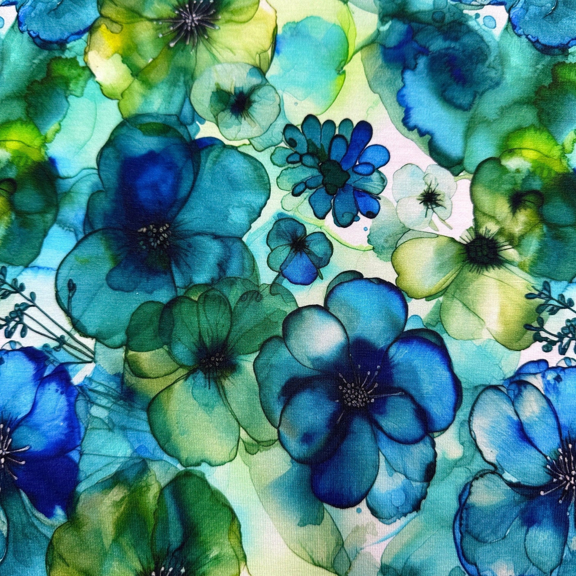 Floral Blue and Green Alcohol Ink on Organic Cotton/Spandex Jersey Fabric - Nature's Fabrics