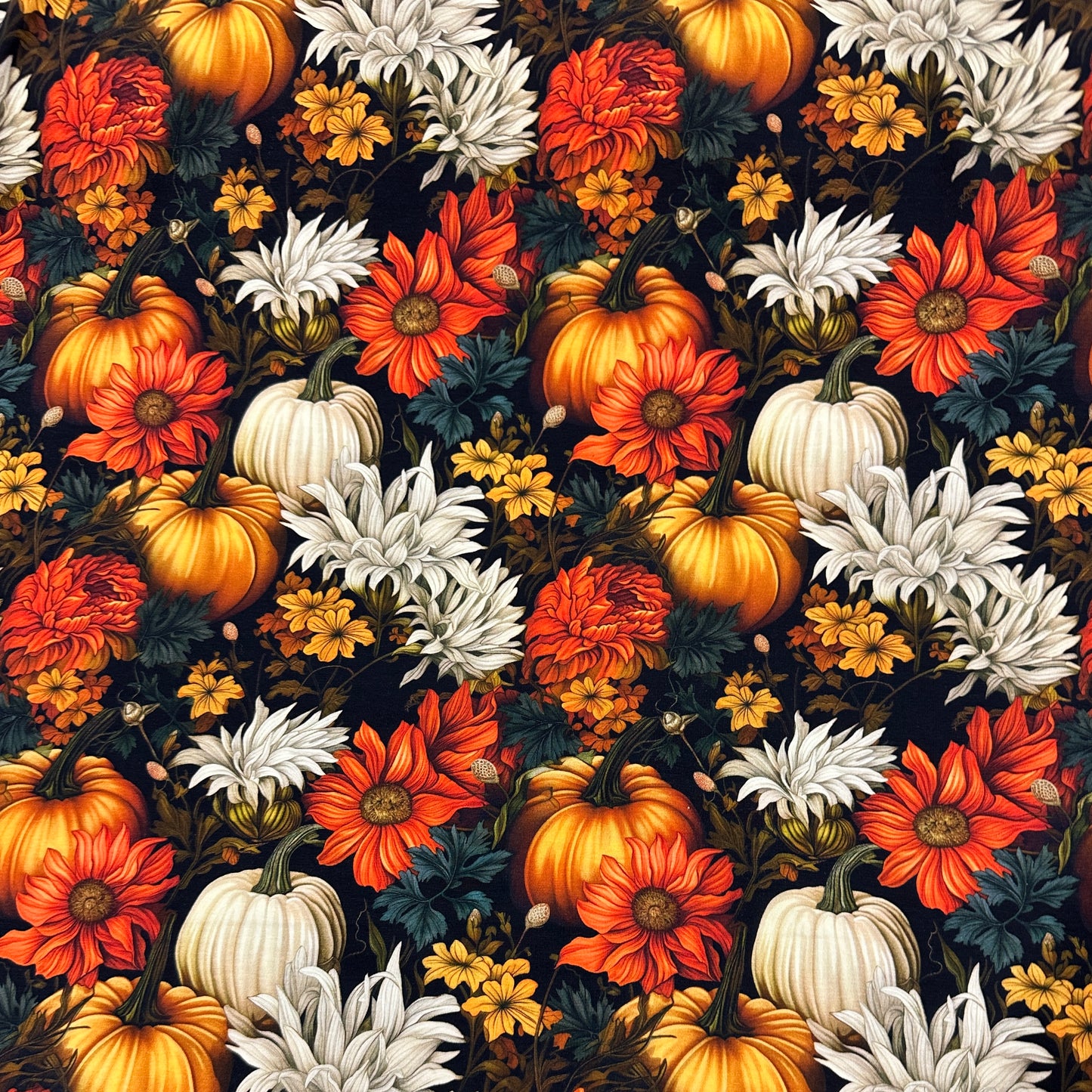 Floral Fall Pumpkins on Bamboo/Spandex Jersey Fabric - Nature's Fabrics