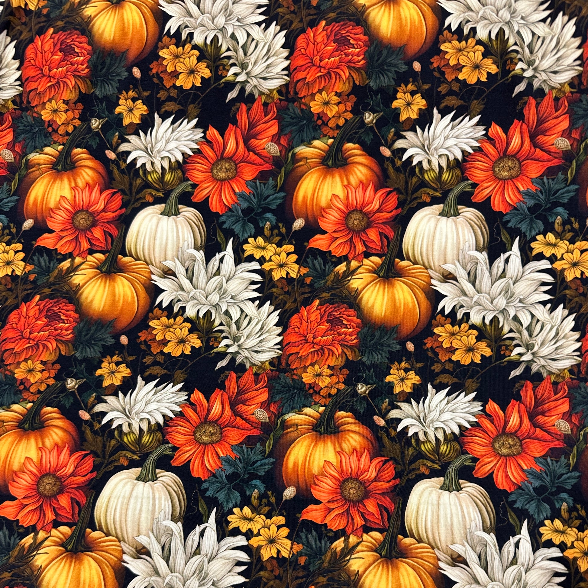 Floral Fall Pumpkins on Bamboo/Spandex Jersey Fabric - Nature's Fabrics