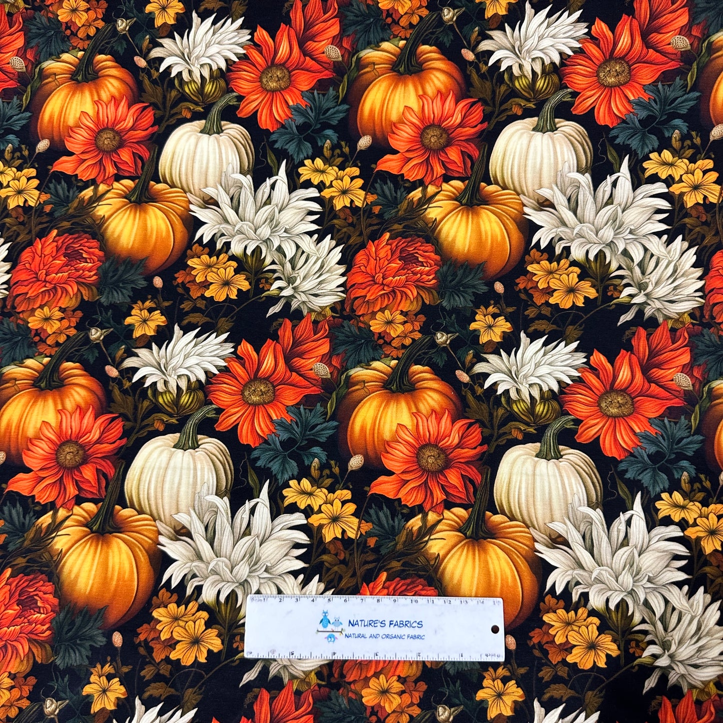 Floral Fall Pumpkins on Bamboo/Spandex Jersey Fabric - Nature's Fabrics