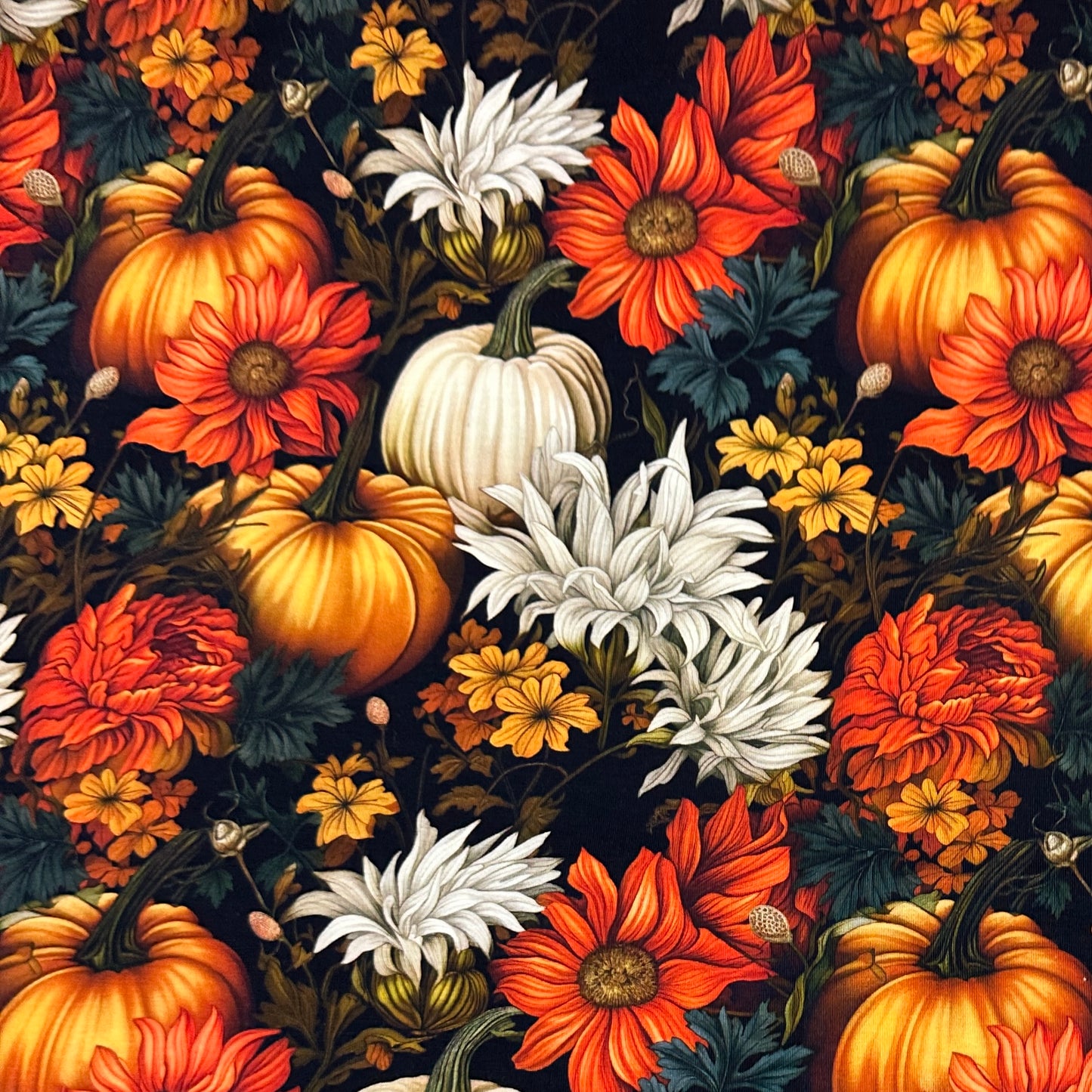 Floral Fall Pumpkins on Bamboo/Spandex Jersey Fabric - Nature's Fabrics