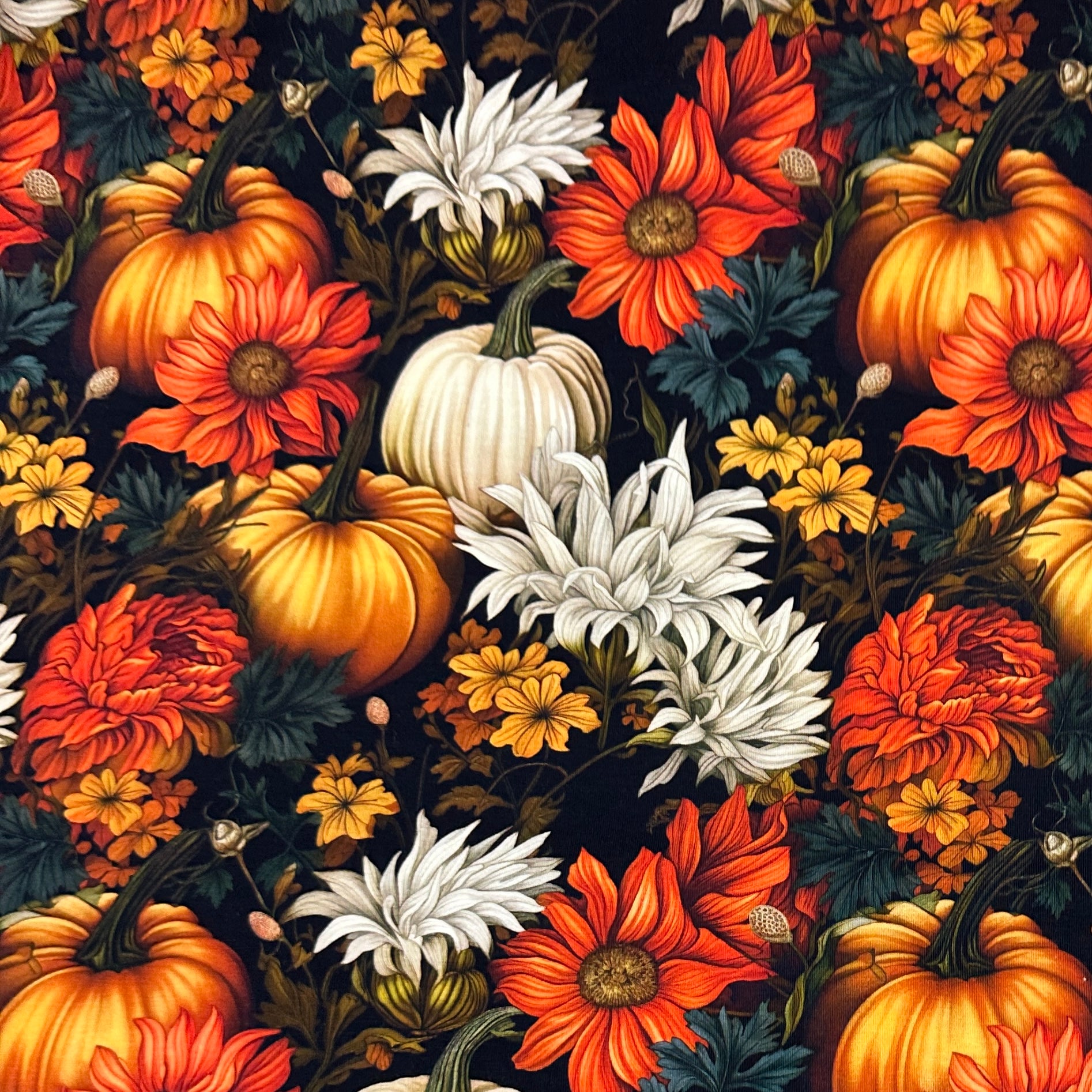 Floral Fall Pumpkins on Bamboo/Spandex Jersey Fabric - Nature's Fabrics