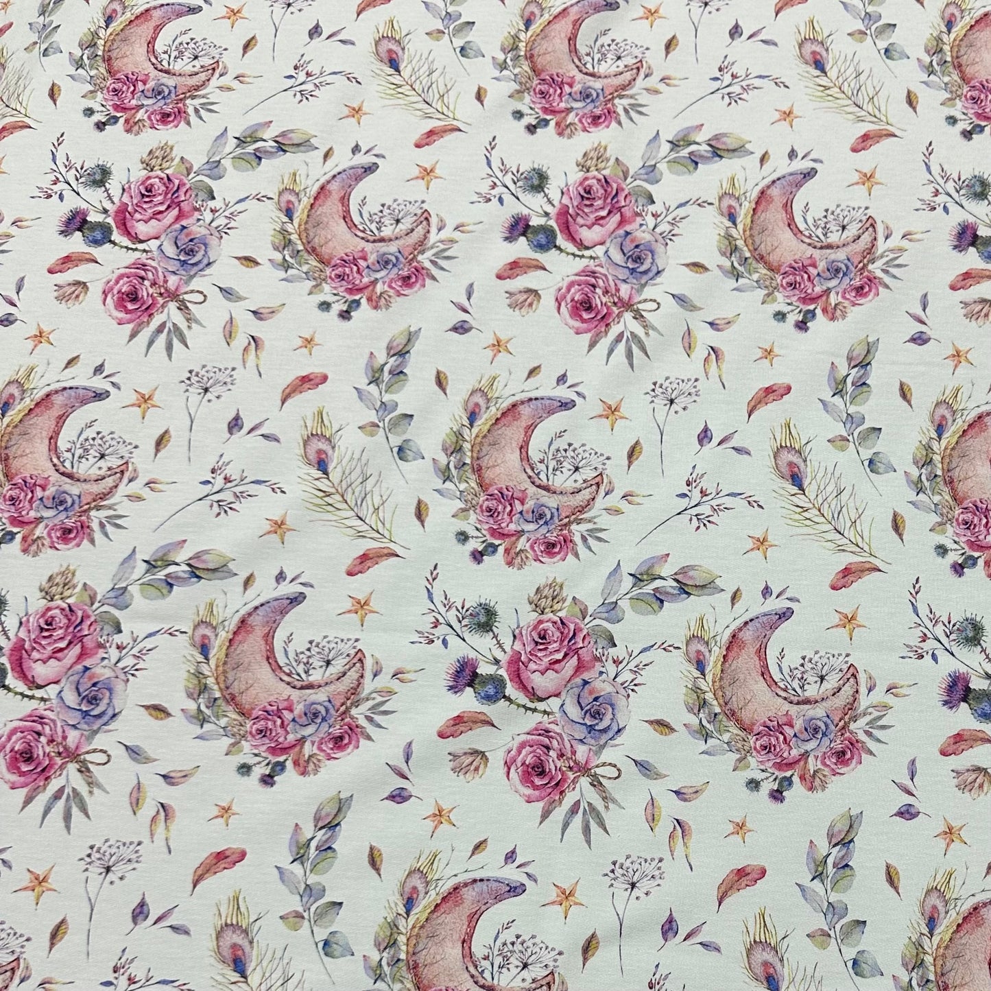 Floral Moons on White Bamboo/Spandex Jersey Fabric - Nature's Fabrics