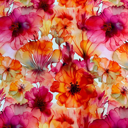 Floral Orange Alcohol Ink on Bamboo/Spandex Jersey Fabric - Nature's Fabrics