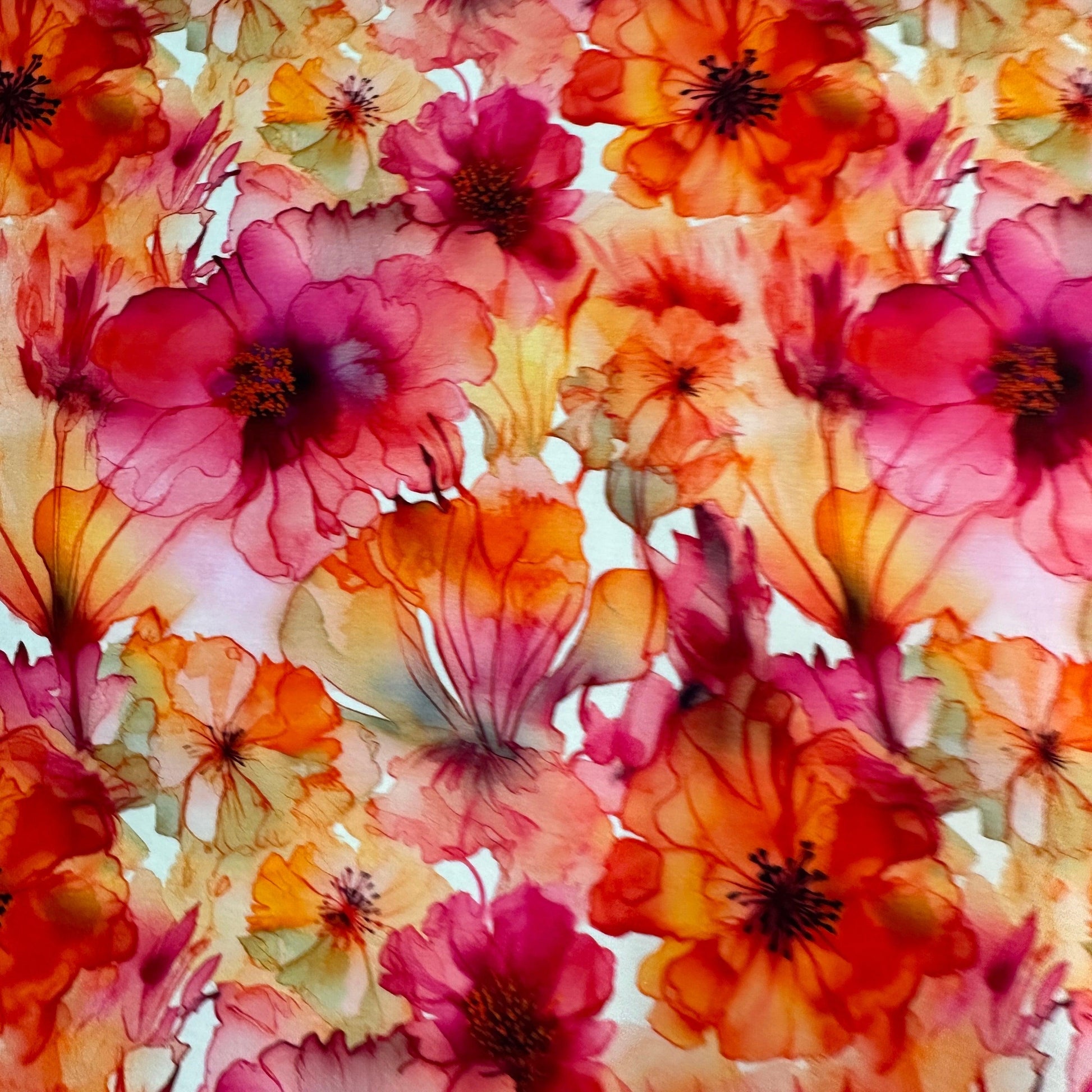 Floral Orange Alcohol Ink on Bamboo/Spandex Jersey Fabric - Nature's Fabrics