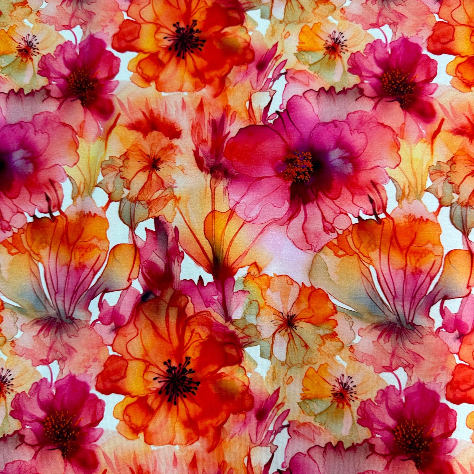 Floral Orange Alcohol Ink on Bamboo/Spandex Jersey Fabric - Nature's Fabrics