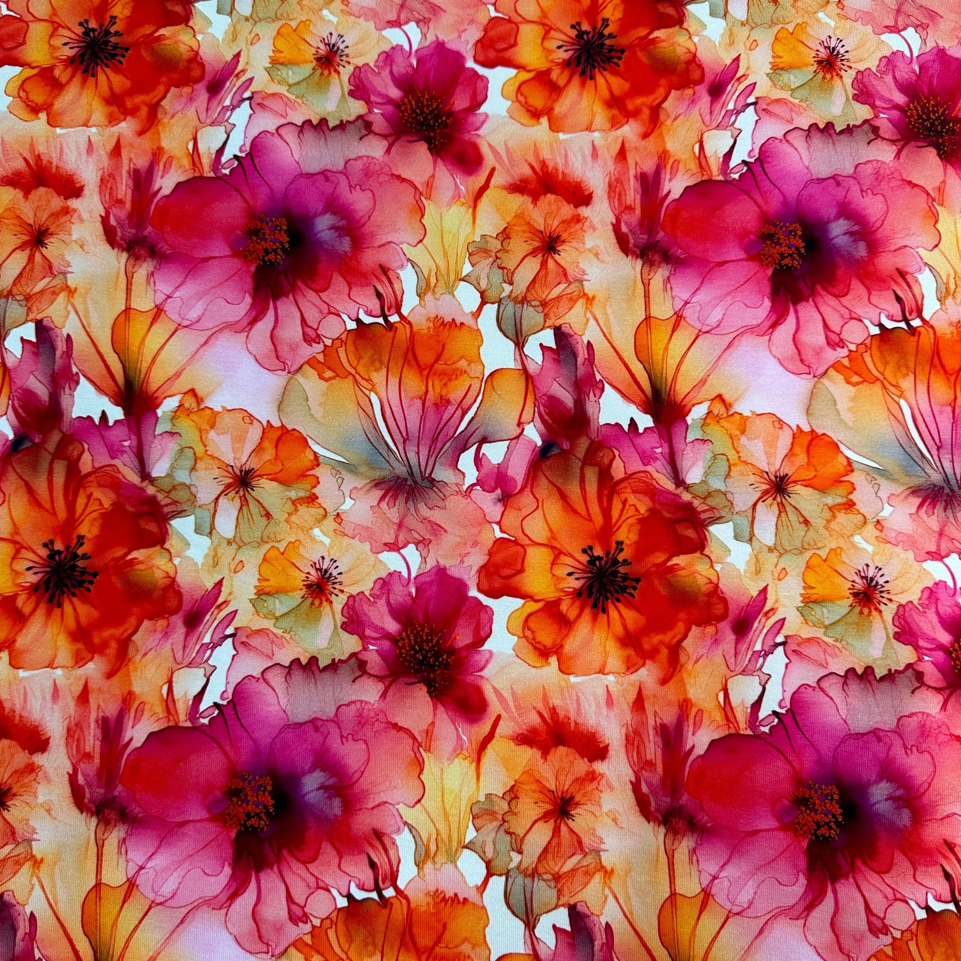 Floral Orange Alcohol Ink on Bamboo/Spandex Jersey Fabric - Nature's Fabrics