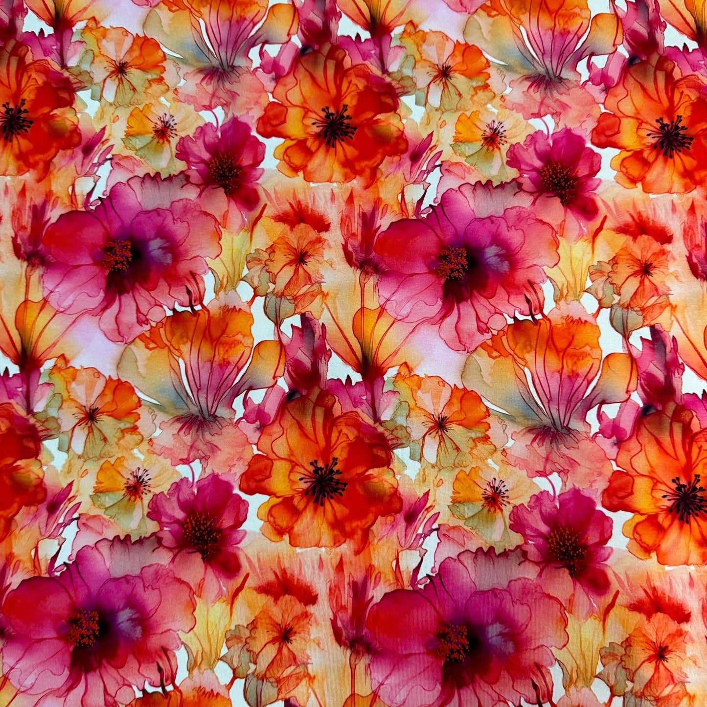 Floral Orange Alcohol Ink on Bamboo/Spandex Jersey Fabric - Nature's Fabrics