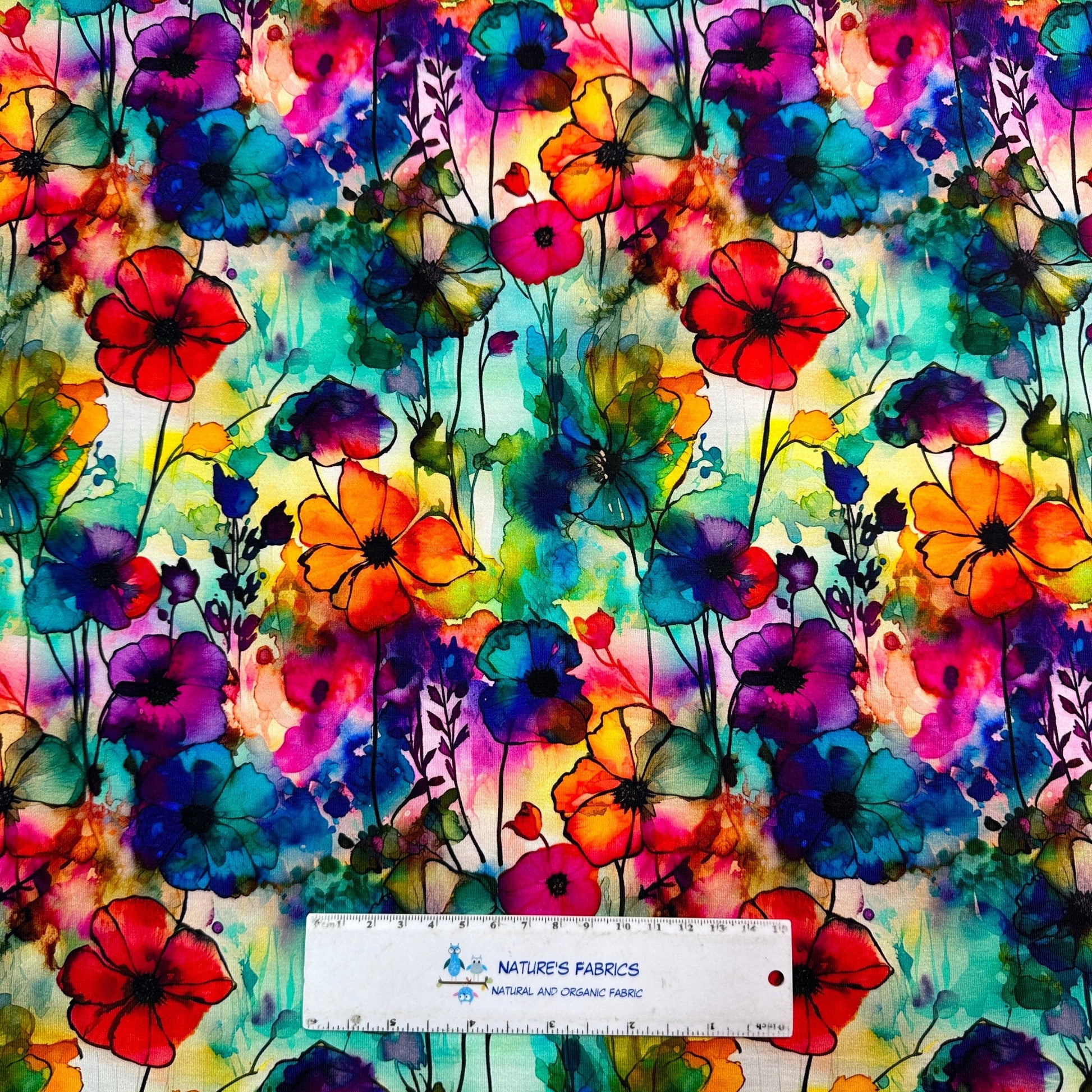 Floral Sprigs Alcohol Ink on Bamboo/Spandex Jersey Fabric - Nature's Fabrics