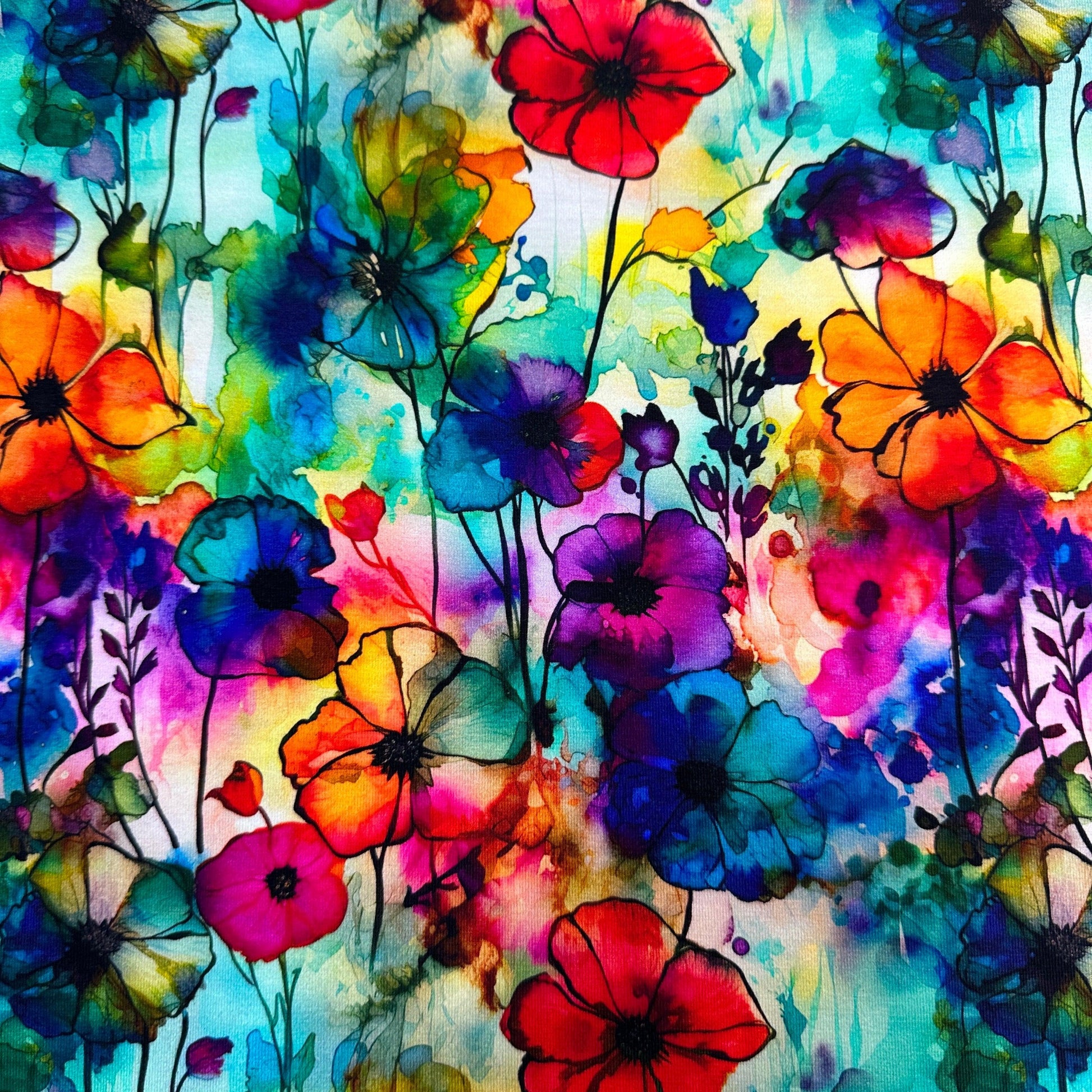Floral Sprigs Alcohol Ink on Organic Cotton/Spandex Jersey Fabric - Nature's Fabrics
