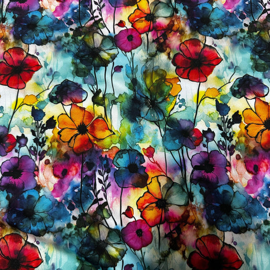 Floral Sprigs Alcohol Ink on Polyester/Spandex Jersey Fabric - Nature's Fabrics