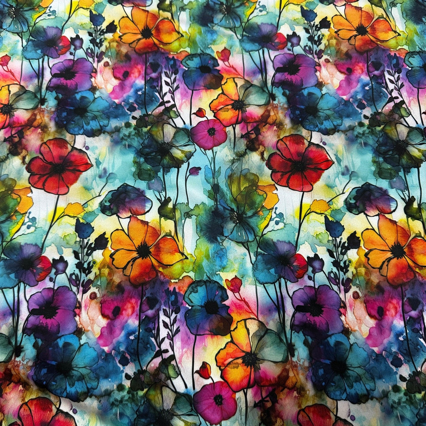 Floral Sprigs Alcohol Ink on Polyester/Spandex Jersey Fabric - Nature's Fabrics