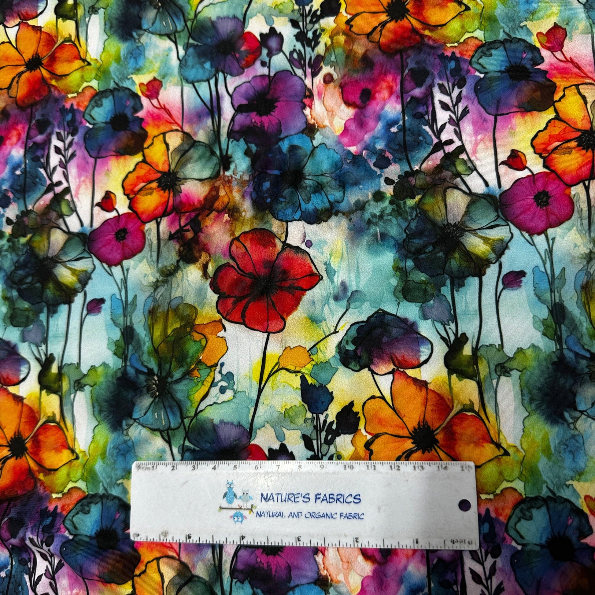 Floral Sprigs Alcohol Ink on Polyester/Spandex Jersey Fabric - Nature's Fabrics