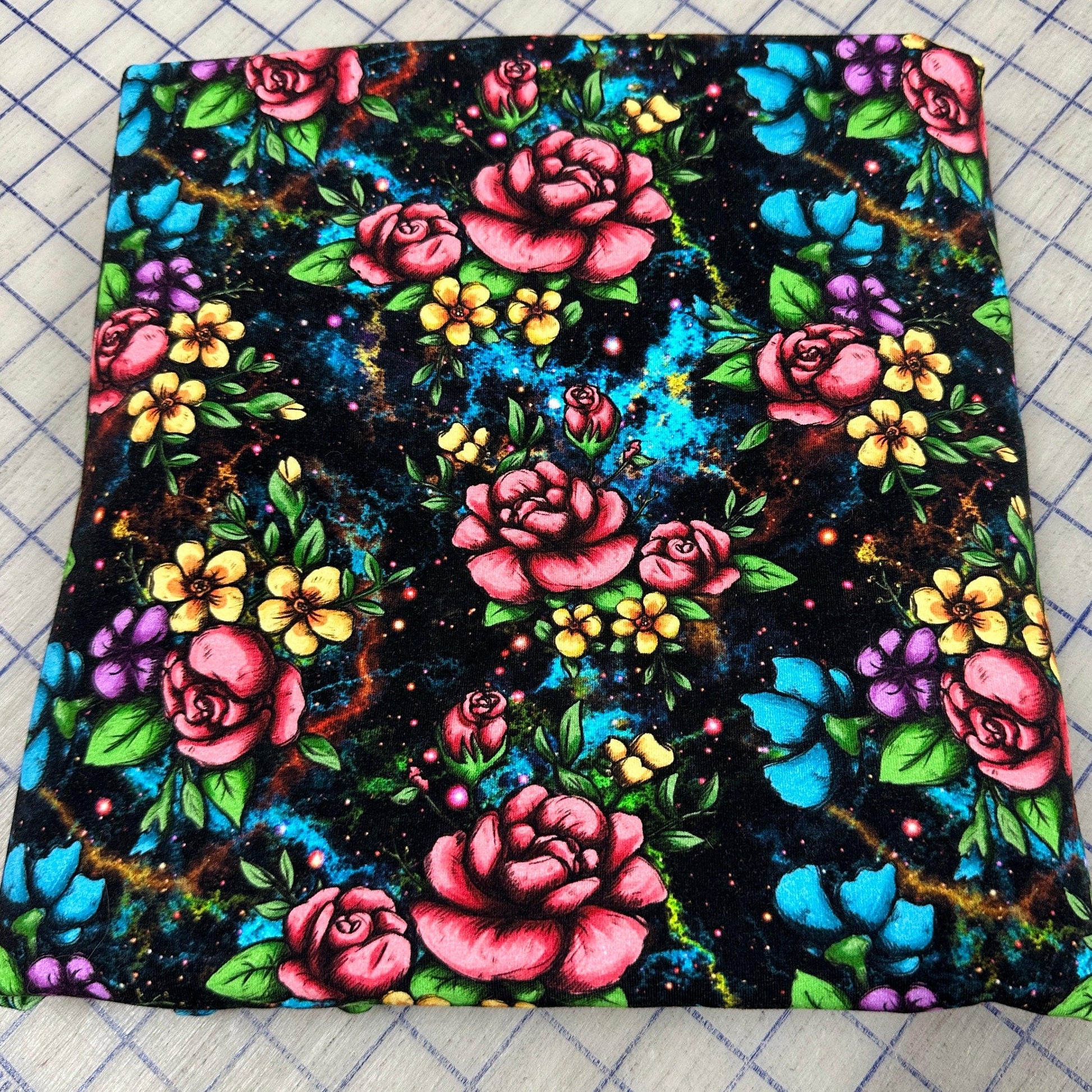 Flowers on Black Cotton/Spandex Jersey Fabric Bundle #1261 - Nature's Fabrics