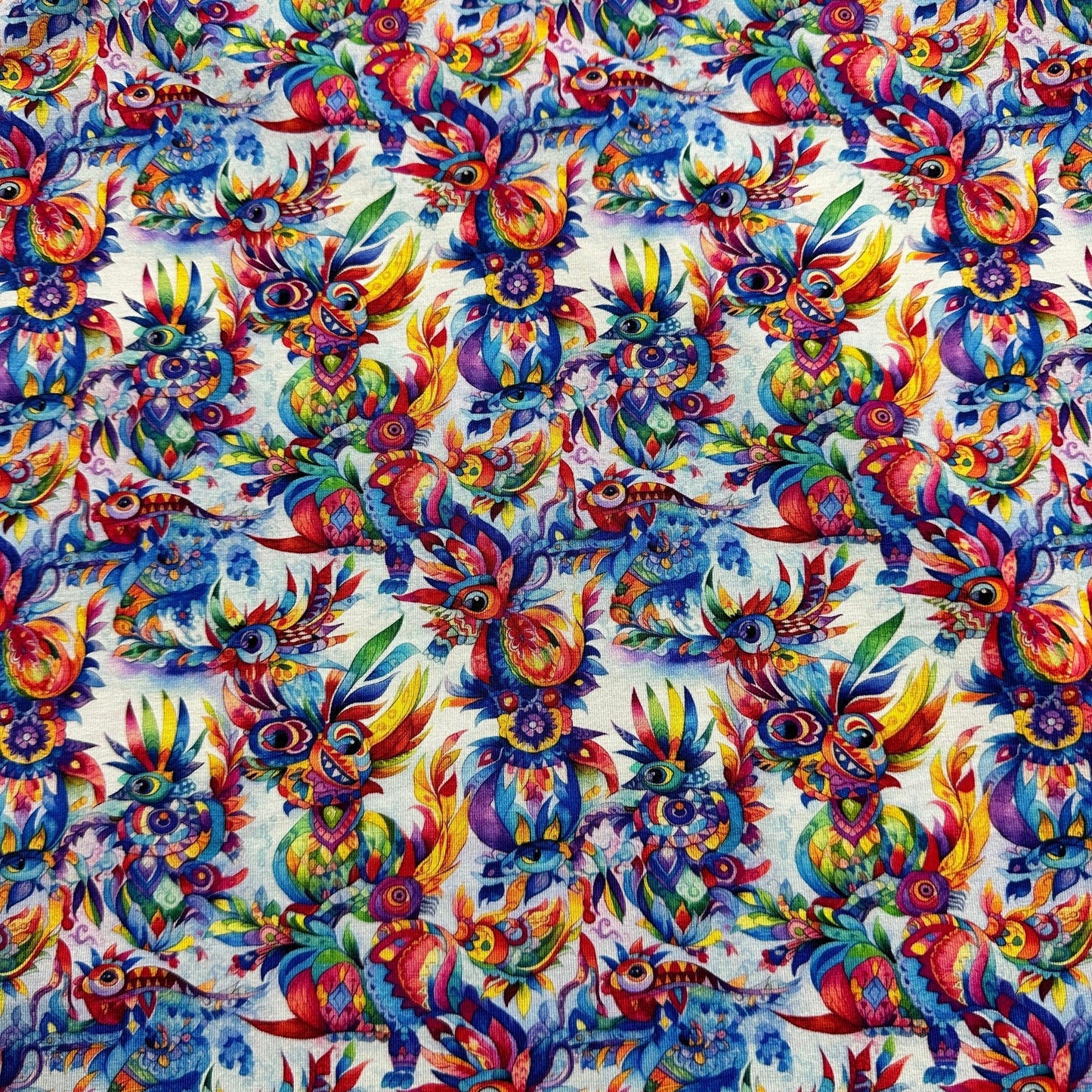 Folk Art Chickens on Bamboo/Spandex Jersey Fabric - Nature's Fabrics