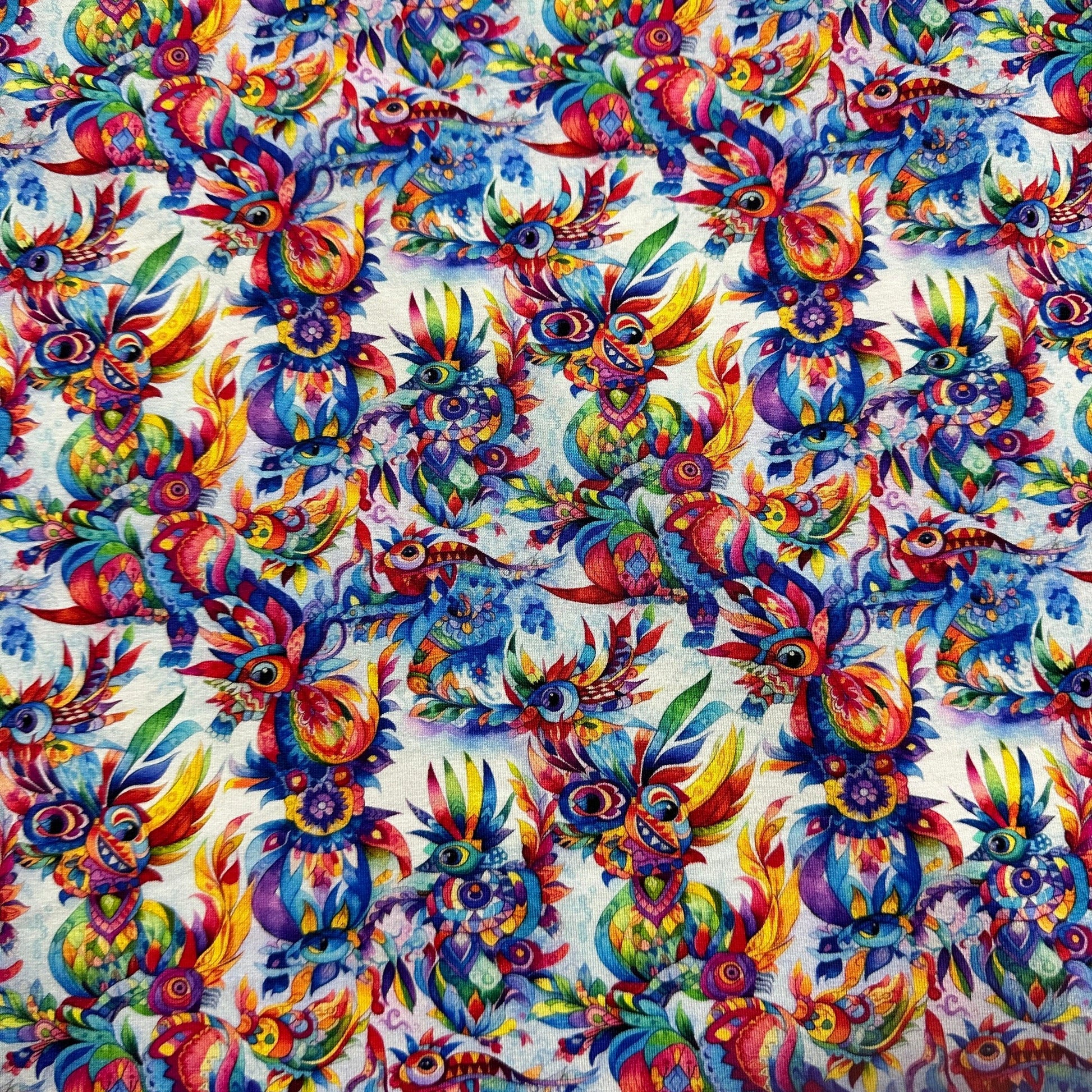 Folk Art Chickens on Bamboo/Spandex Jersey Fabric - Nature's Fabrics