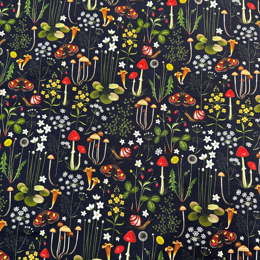Forest Floral on Black Organic Cotton/Spandex Jersey Fabric - Nature's Fabrics