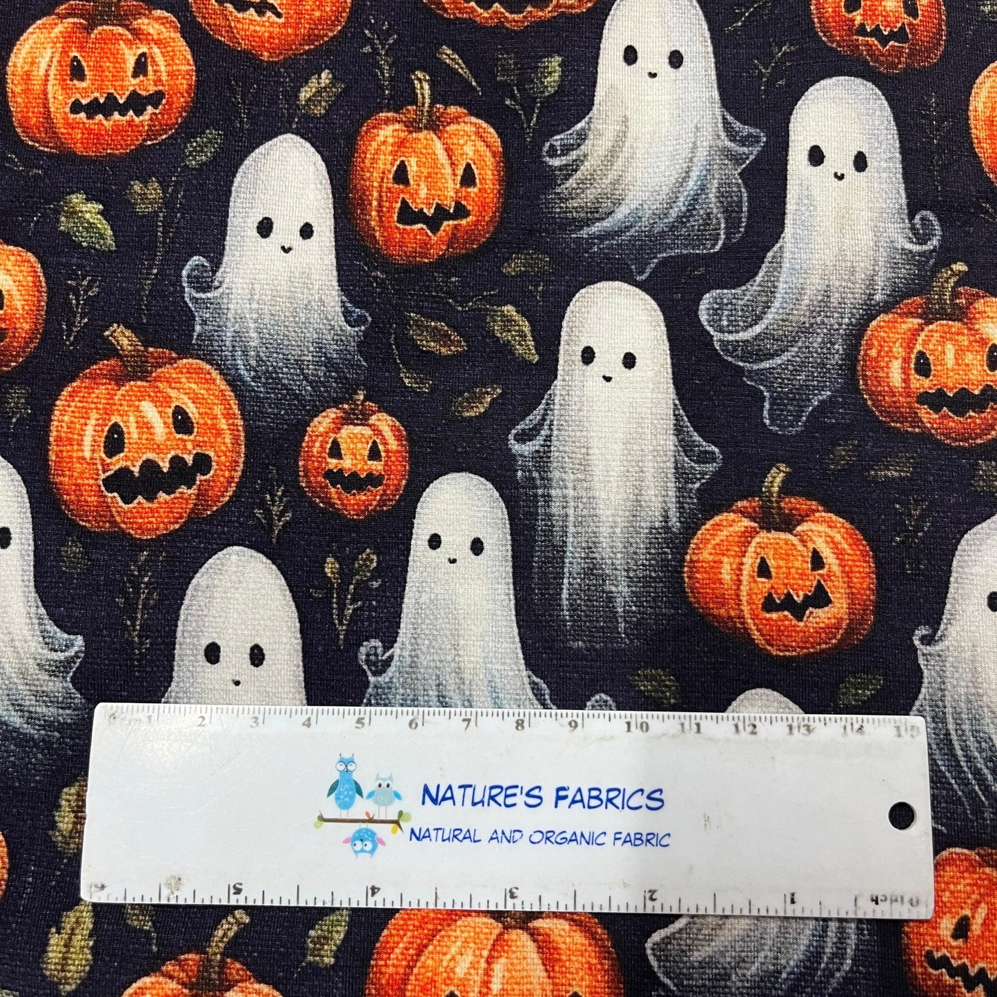 Ghosts and Pumpkins on Bamboo/Spandex Jersey Fabric - Nature's Fabrics