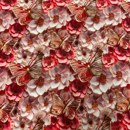 Golden Butterflies and Flowers on Bamboo/Spandex Jersey Fabric - Nature's Fabrics