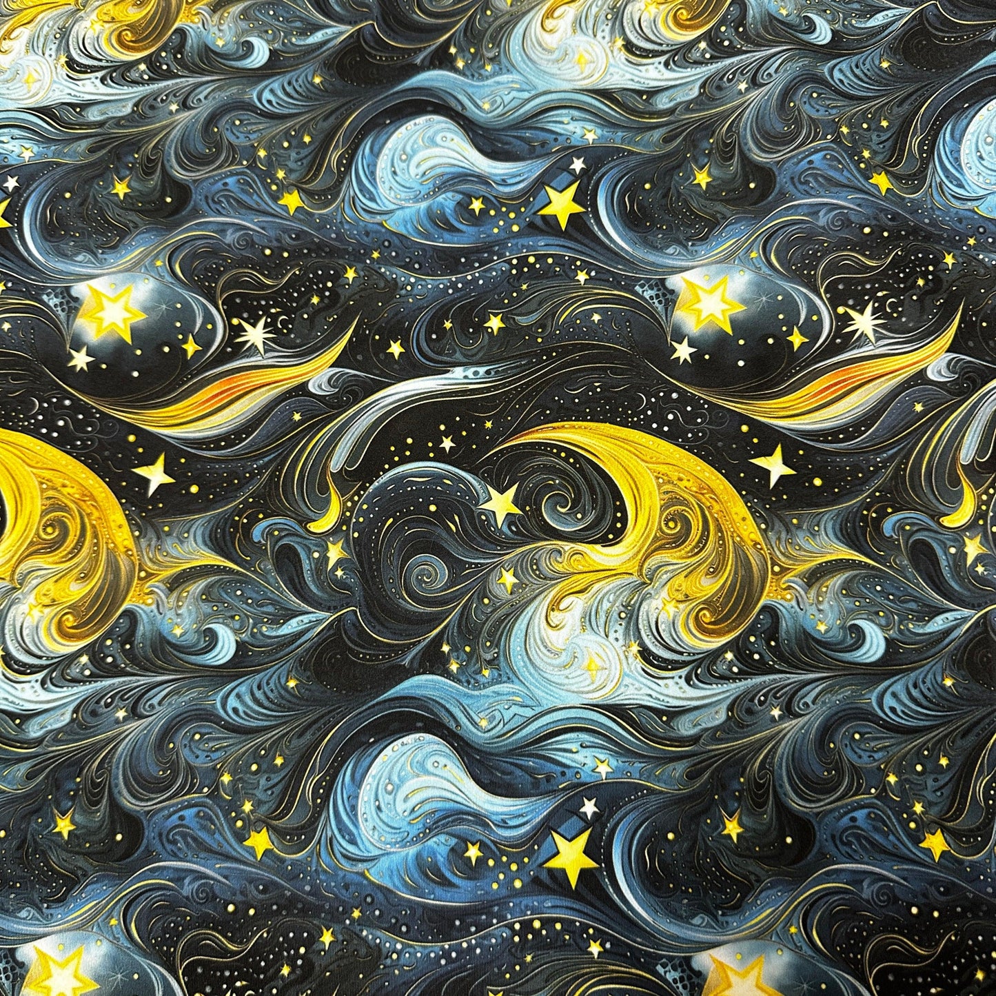 Golden Starry Sky on Polyester/Spandex Jersey Fabric - Nature's Fabrics