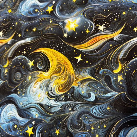 Golden Starry Sky on Polyester/Spandex Tricot Fabric - Nature's Fabrics