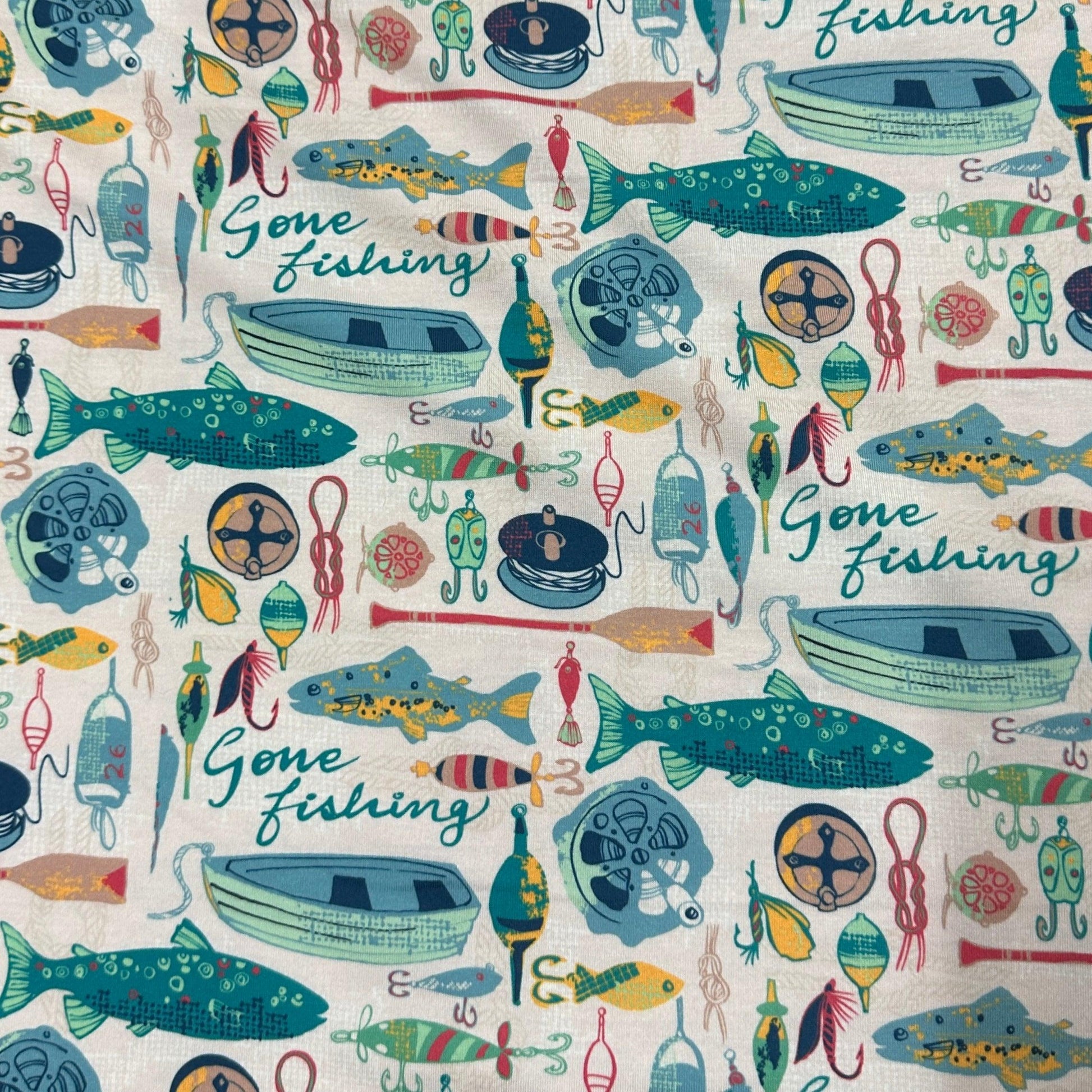Gone Fishing on Polyester/Spandex Jersey Fabric - Nature's Fabrics