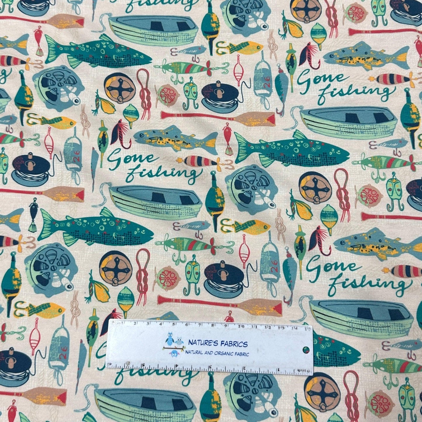 Gone Fishing on Polyester/Spandex Jersey Fabric - Nature's Fabrics