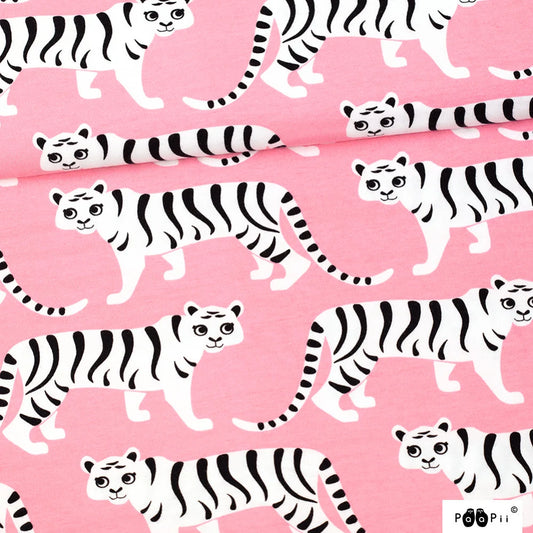 Tiger Parade on Light Pink Organic Cotton/Spandex Jersey Fabric