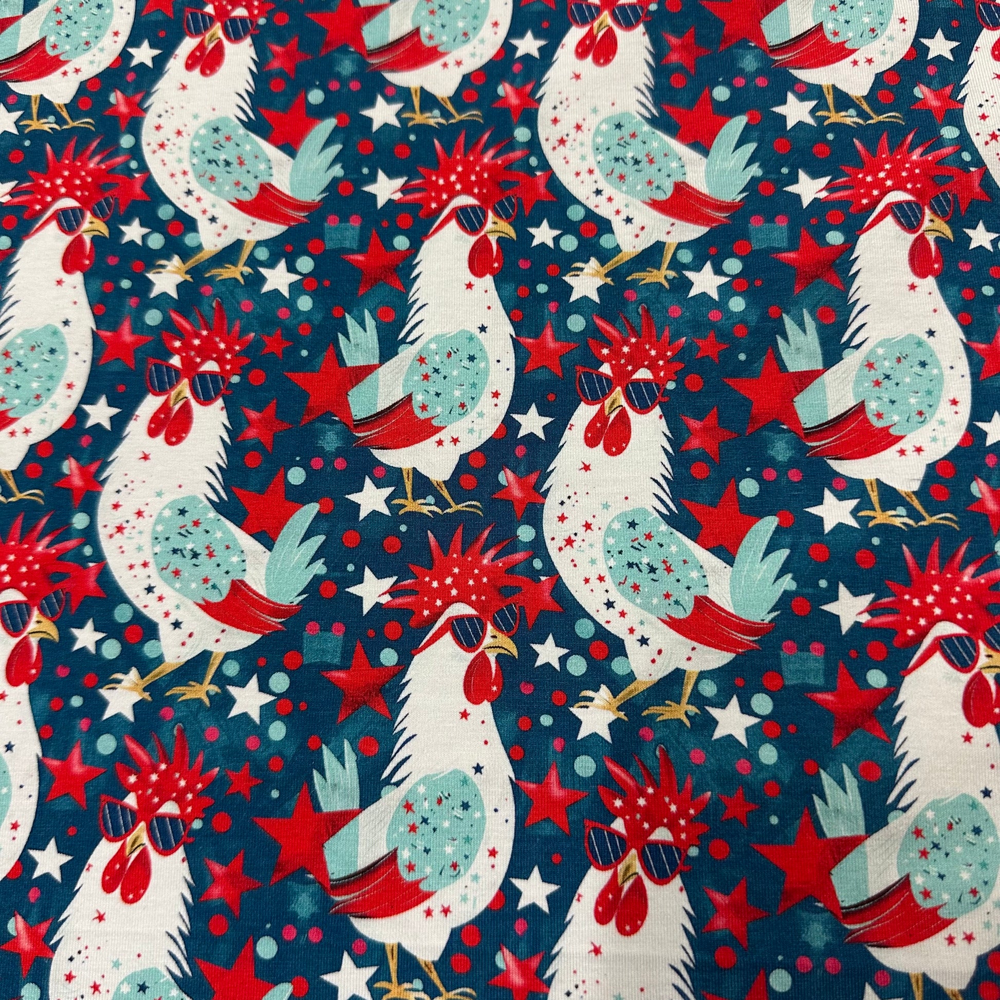 Independent Chickens on Bamboo/Spandex Jersey Fabric - Nature's Fabrics