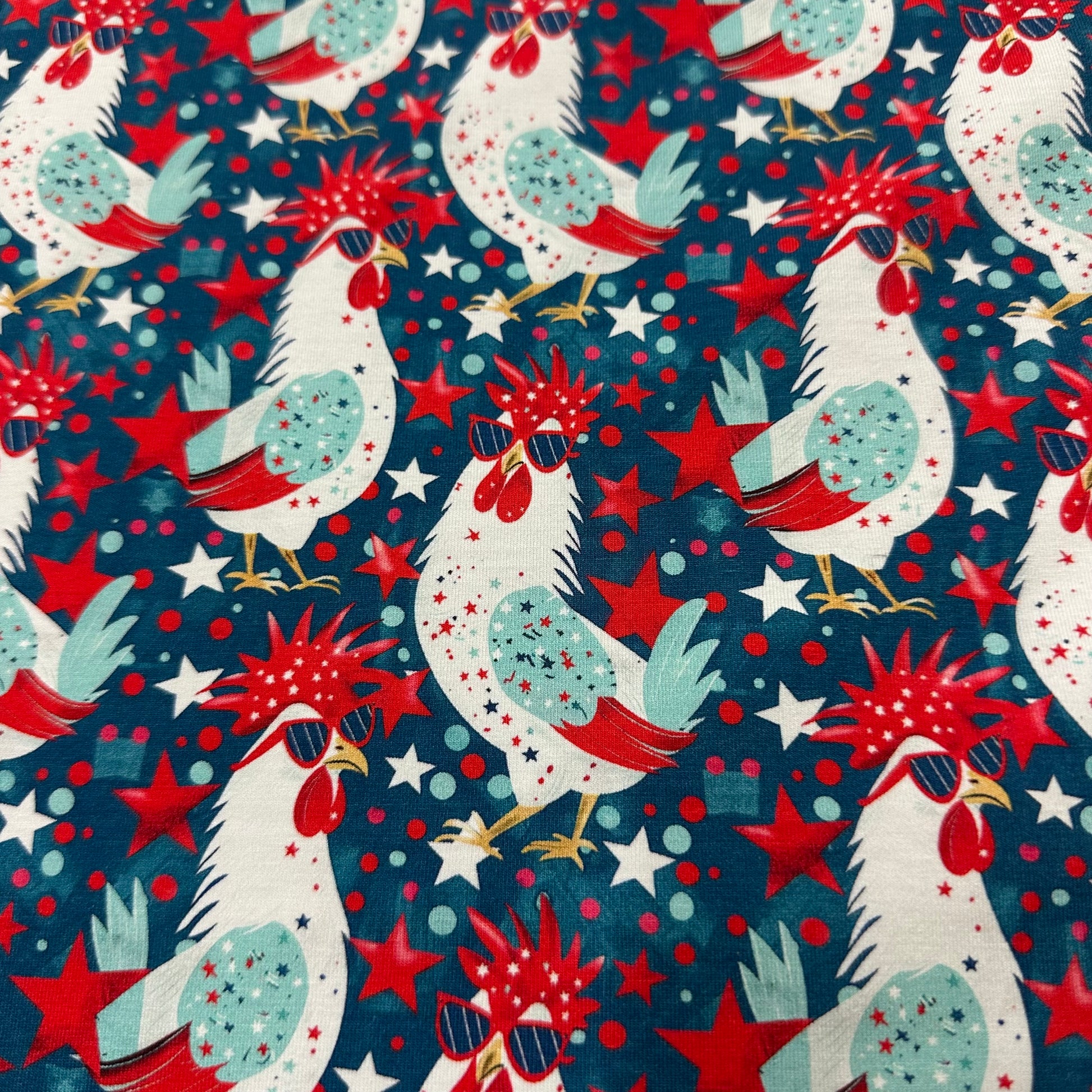 Independent Chickens on Bamboo/Spandex Jersey Fabric - Nature's Fabrics