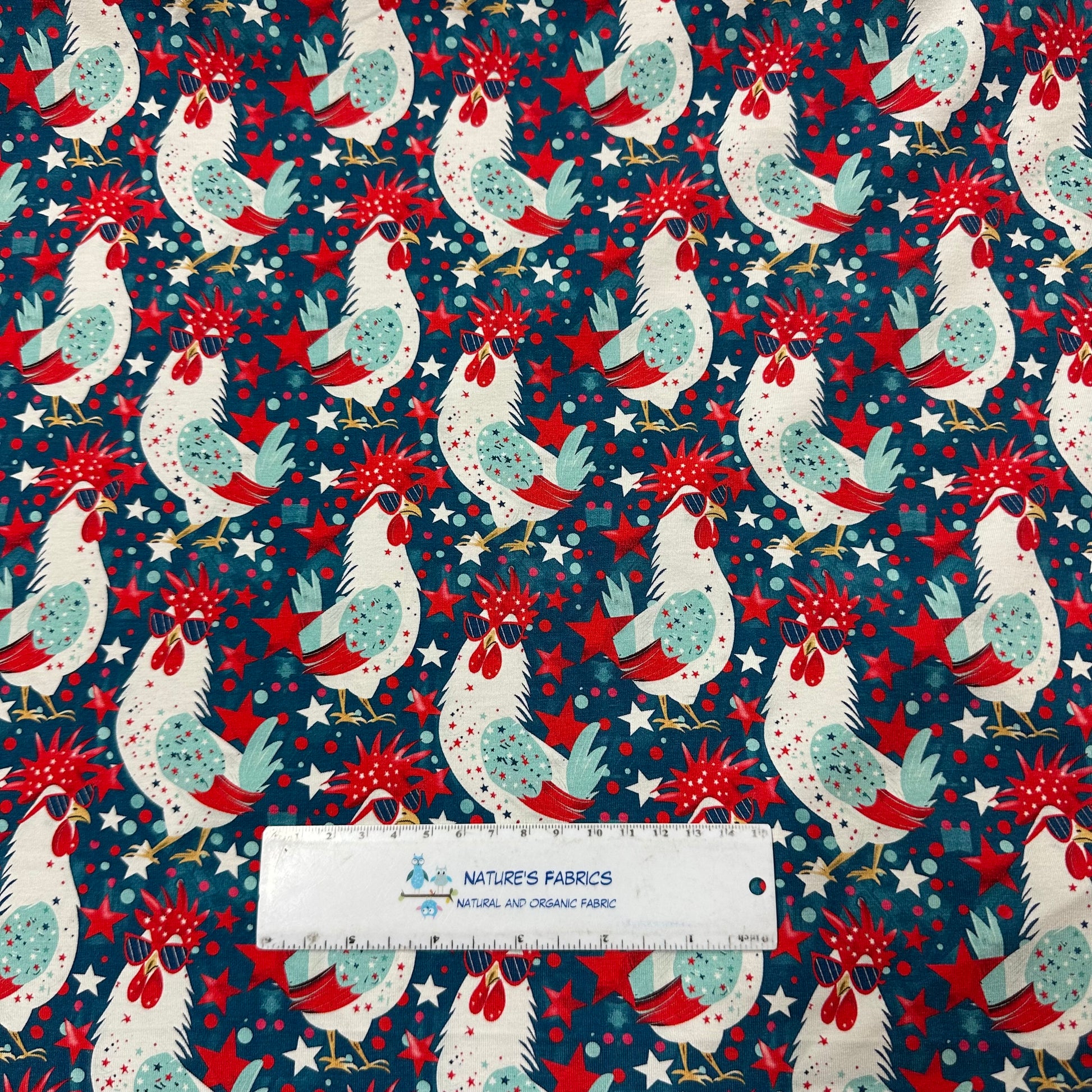 Independent Chickens on Bamboo/Spandex Jersey Fabric - Nature's Fabrics
